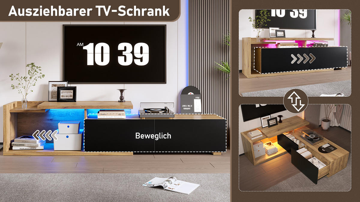 TV-SCHRANK modular mit LED, beweglichem Modul und 2-in-1 Design - Naturfarben, Holzwerkstoff (133.5/45/40cm)