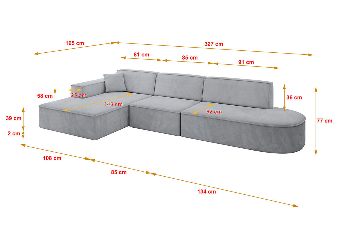 ECKSOFA Ottomane Links IREA-L2-v4 - 327x165x77 cm Grau - Titanfarben, Holzwerkstoff/Textil (327/165cm) - ALTDECOR