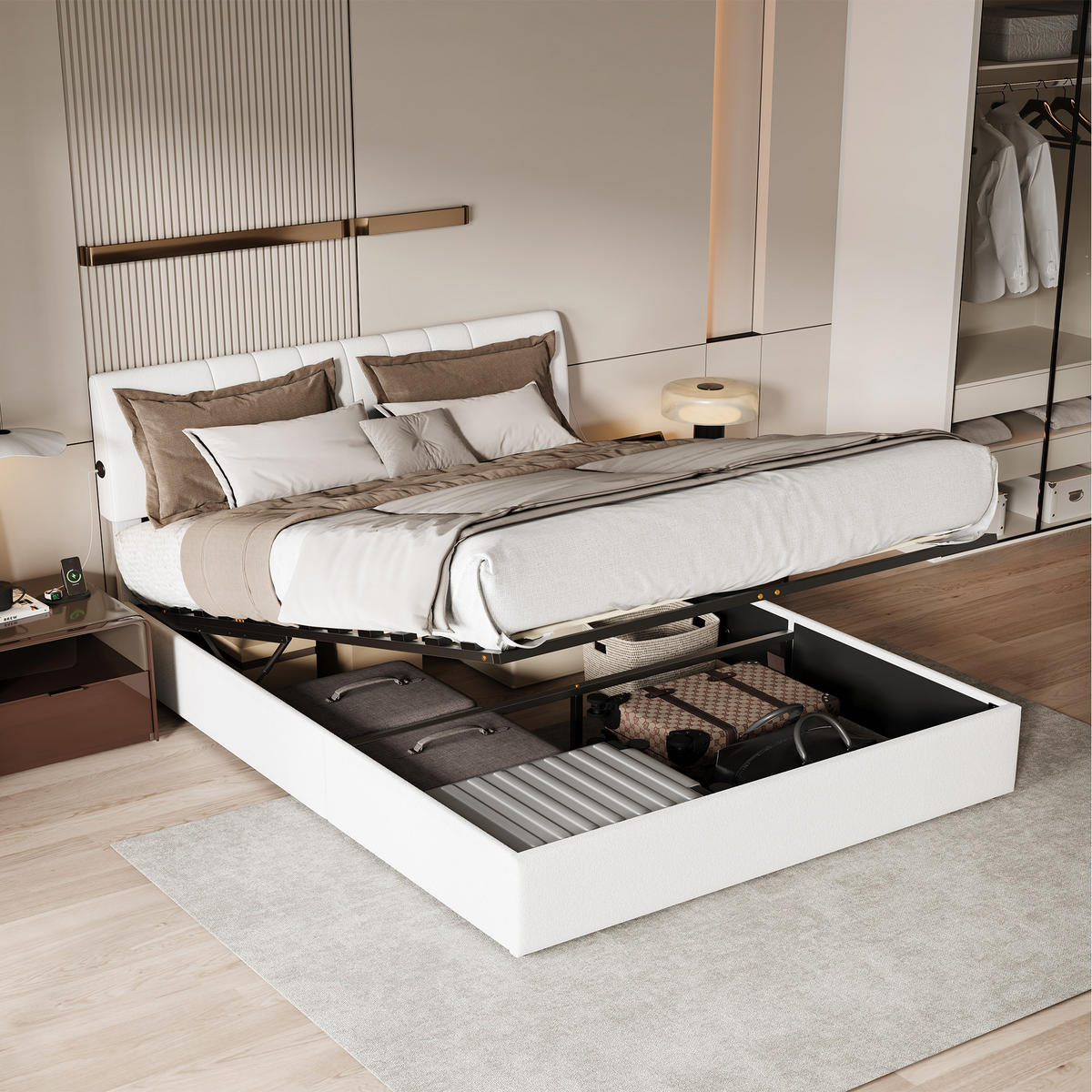 POLSTERBETT 140x200 cm USB Steckdose Hydraulik Stauraum Samt weiß - Beige, Holz (140/200cm) - LEBENLANG