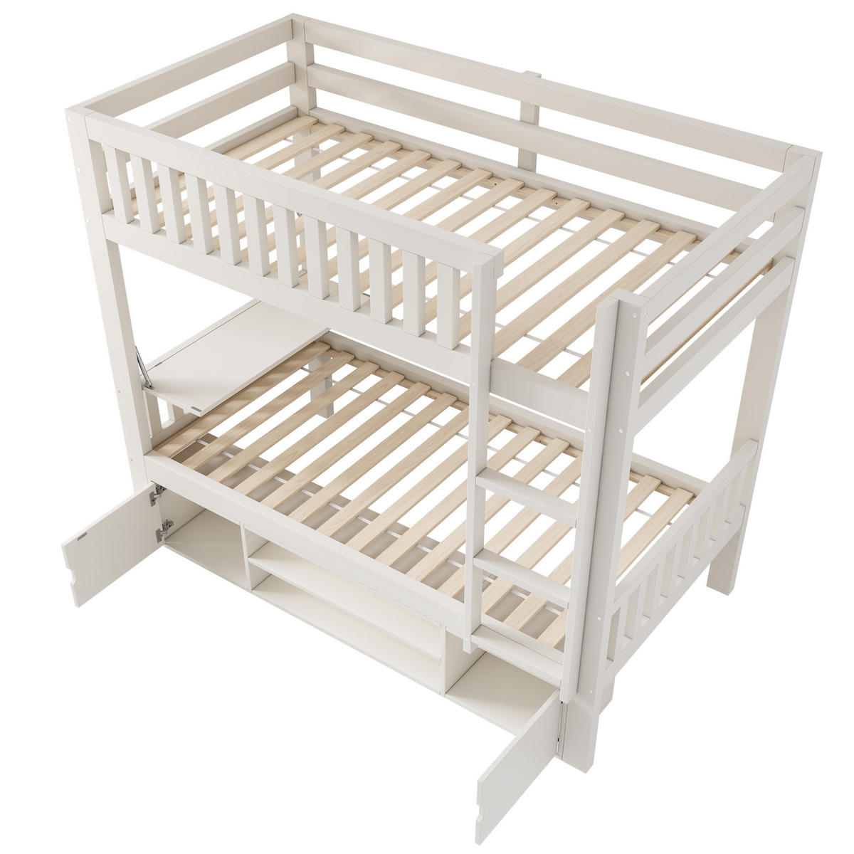 ETAGENBETT 90/200 cm mit klappbarem Tisch, Schuhregal und Stauraum, Weiß - Weiß, Holzwerkstoff (90/200cm) - Redom