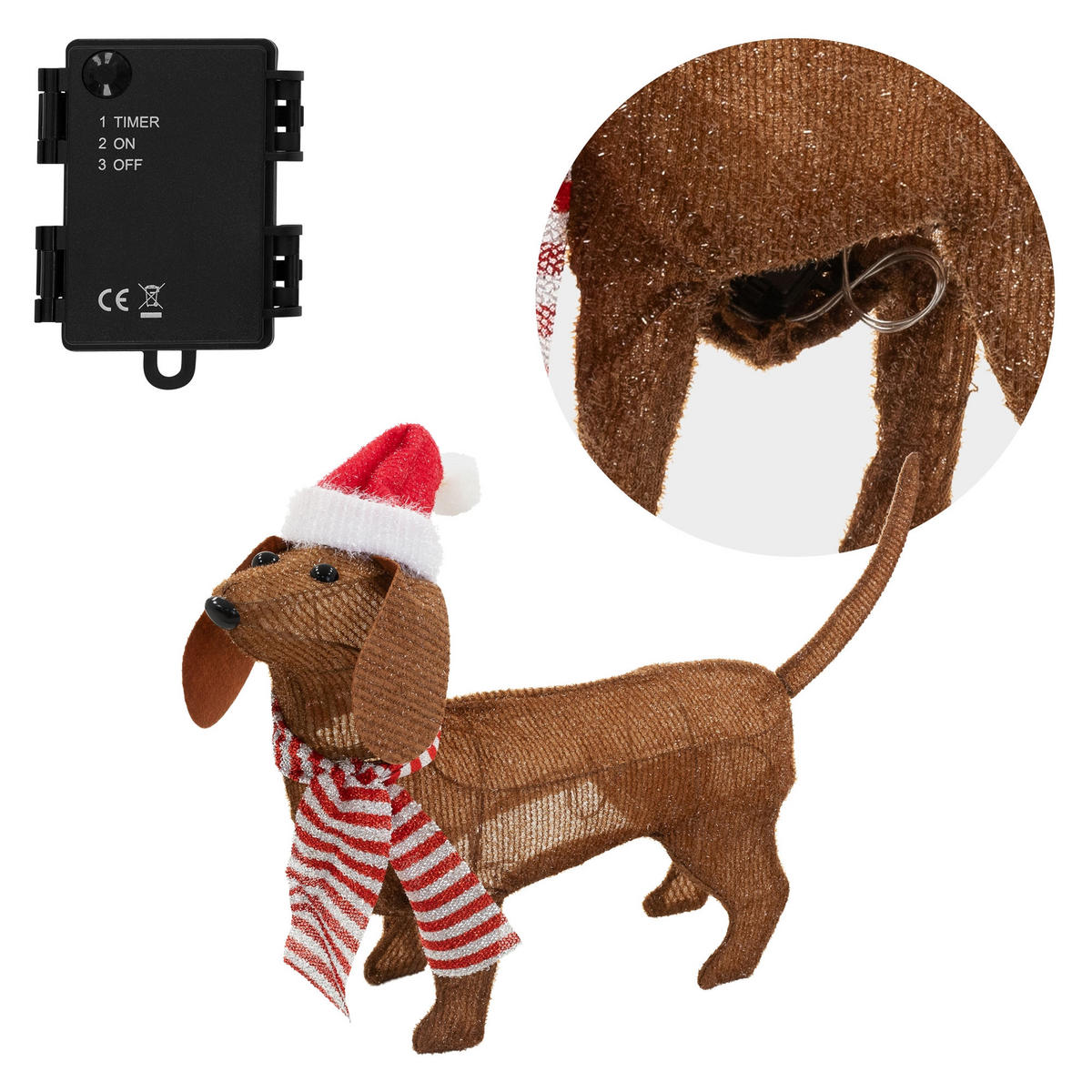 LED DACKEL WEIHNACHTSDEKO Innen mit Mütze und Schal 60x43 cm 40 LED - Braun, Metall (60/43/12cm) - ECD-Germany