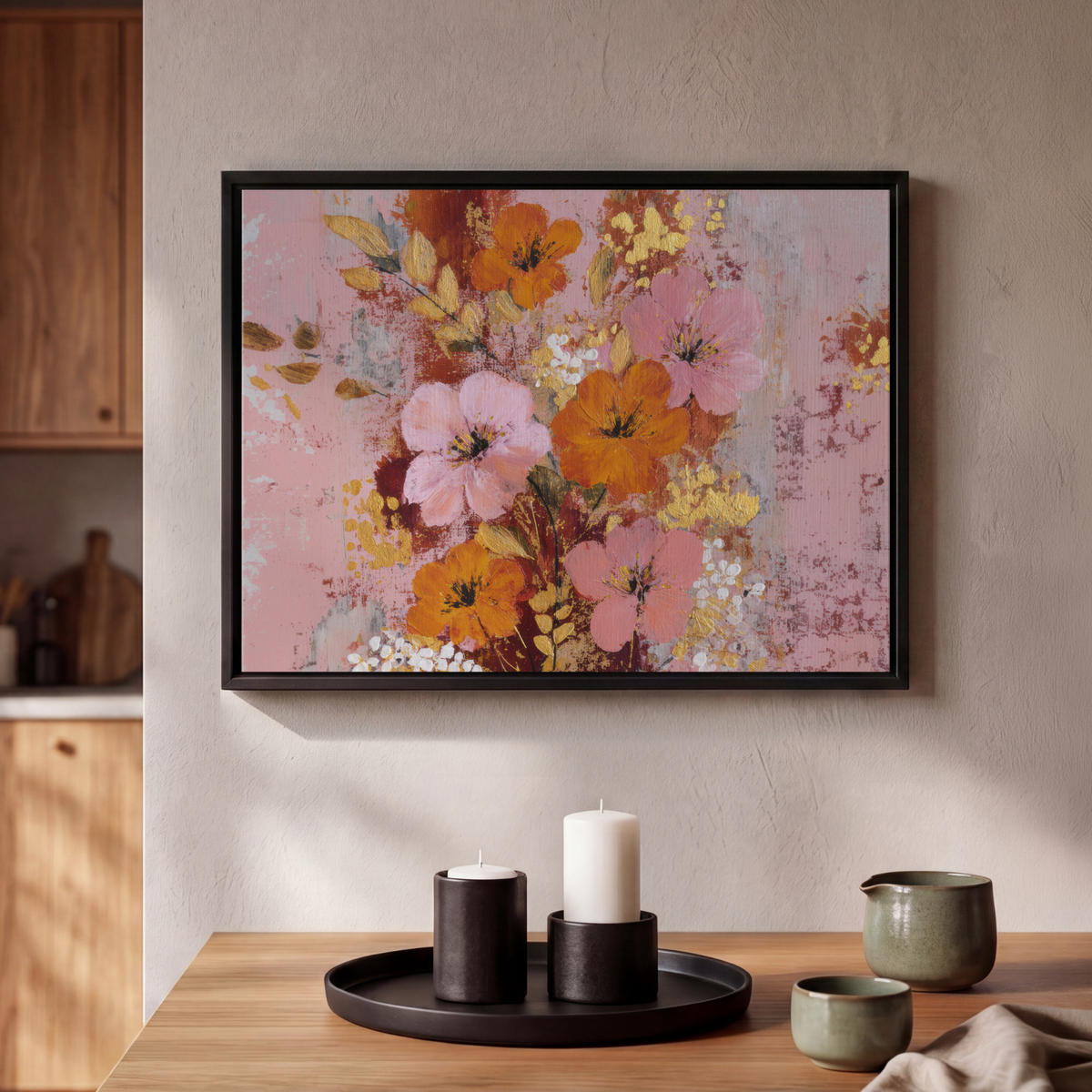 LEINWAND Bilder mit Rahmen - Malerei - Blumen - Rustikal - Rosa - 40x30 - Altrosa, Textil (40/30cm) - MuchoWow