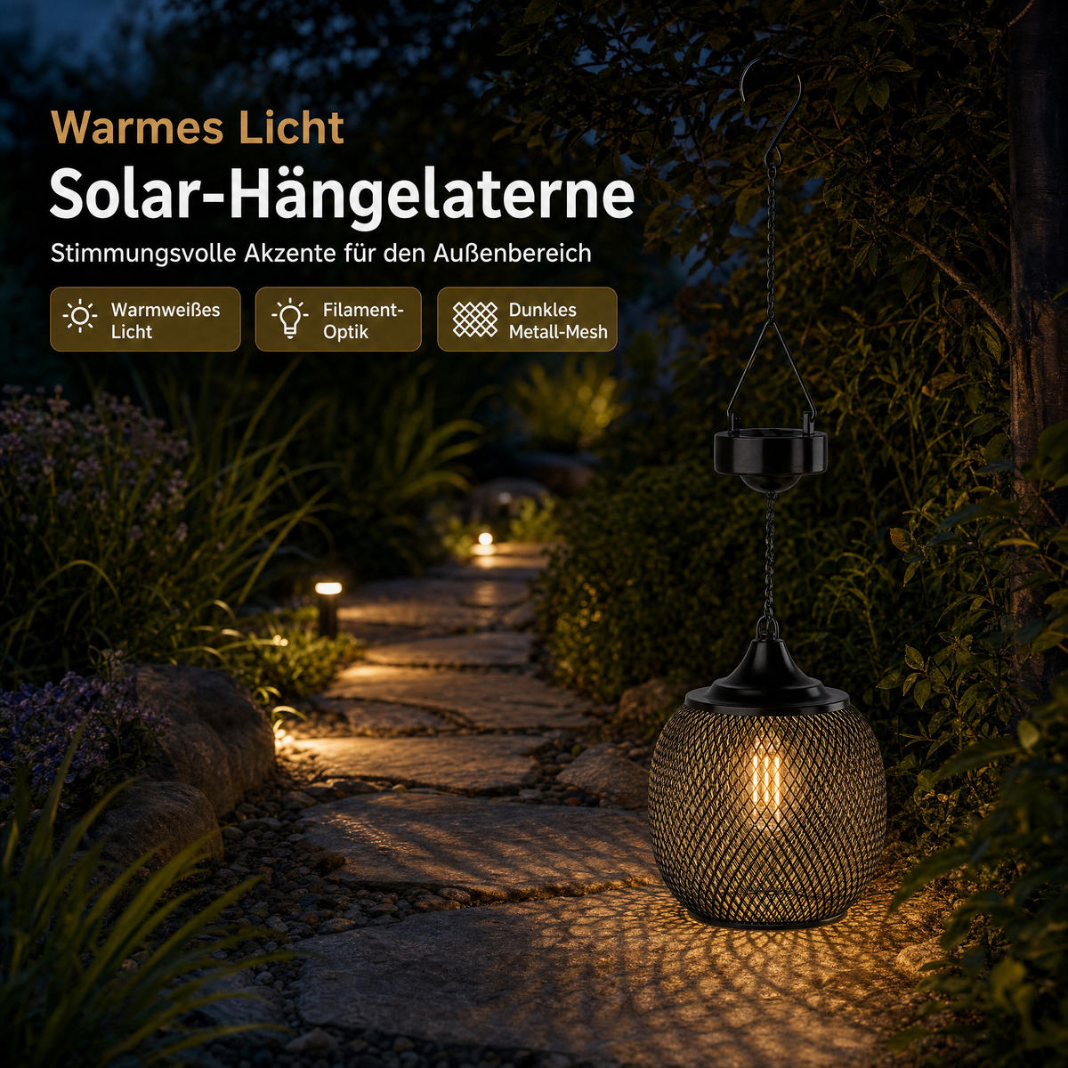 SOLAR-LED-HÄNGELATERNE - elegantes Metall-Mesh-Design mit warmweißem Licht und Dämmerungssensor für Garten und Terrasse - Weiß, Metall (15/15/50cm) - Northpoint