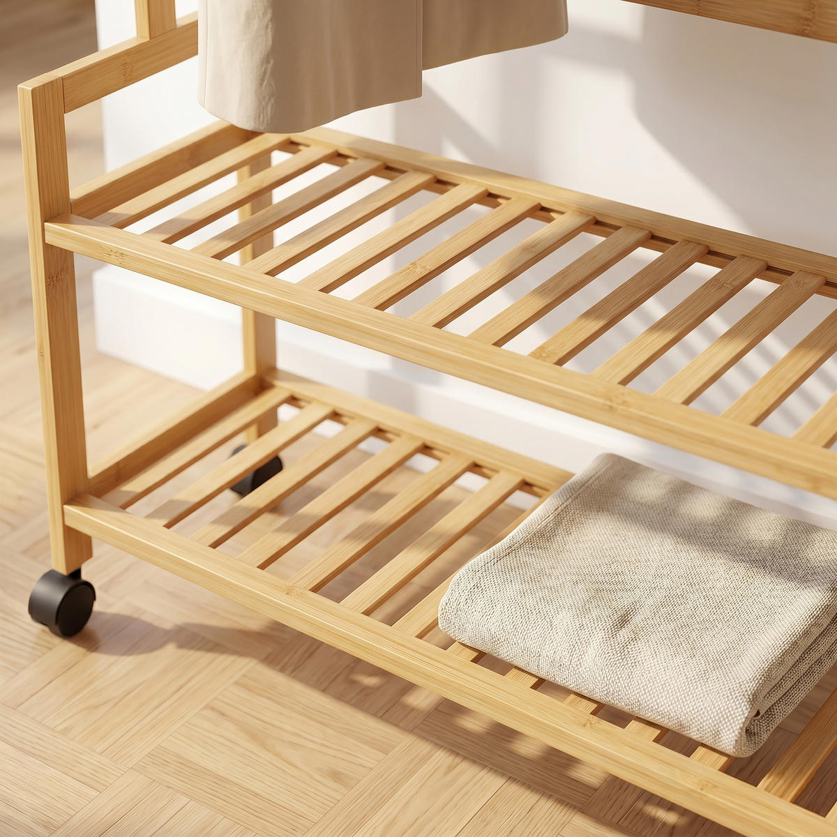 VEŠIAK prírodný bambus na kolieskach - svetlohnedá, drevo/plast (90/135/25cm) - Relaxdays