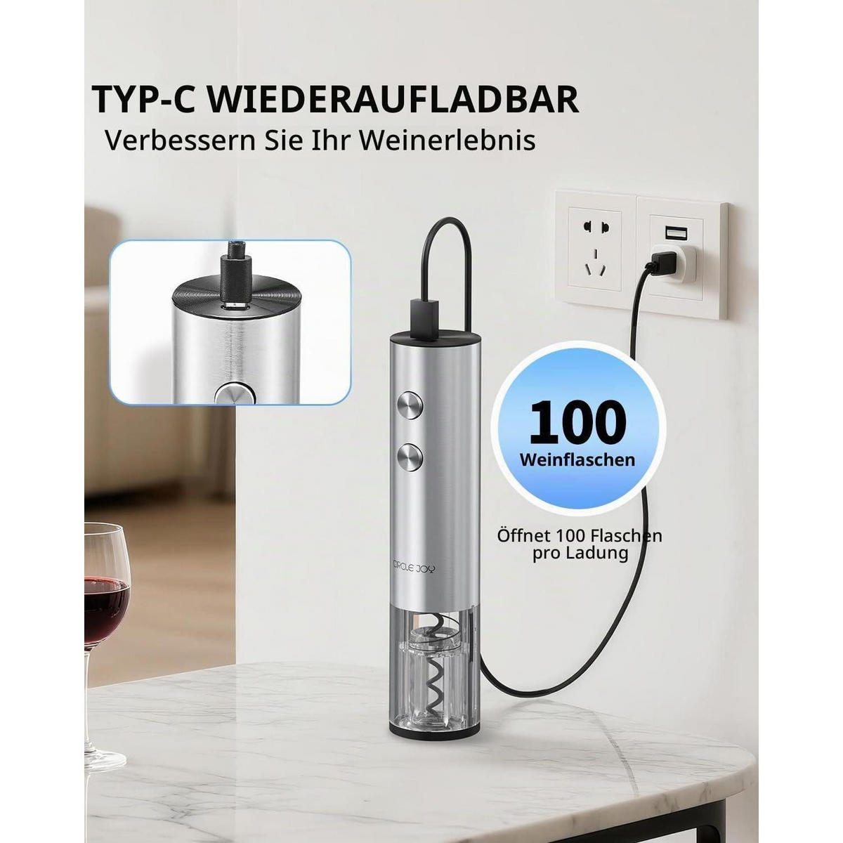 ELEKTRISCHER Weinflaschenöffner mit Folienschneider und LED-Licht, wiederaufladbar, silber - Silberfarben, Metall (24.5cm)