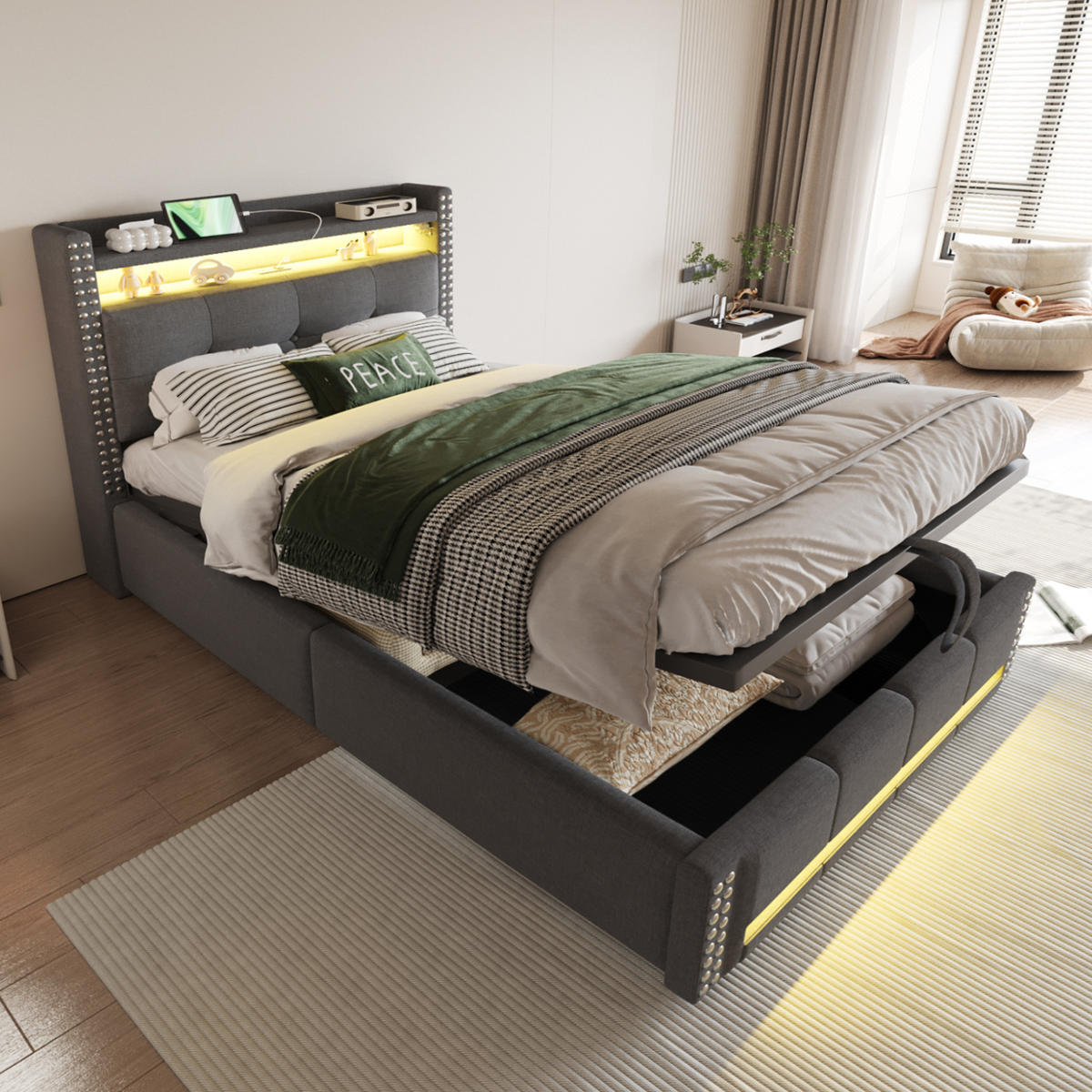 POLSTERBETT 90/200 cm mit LED-Beleuchtung und Bettkasten in Grau - Grau, Textil (90/200cm) - BEAOK