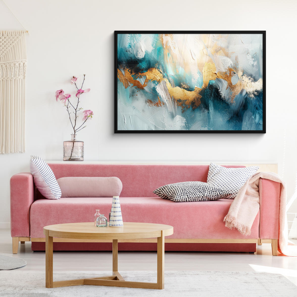POSTER MIT RAHMENGERAHMTES BILD Abstrakt - Kunst - Gold - Blau 120x80 cm - Petrol, Papier (120/80cm) - MuchoWow