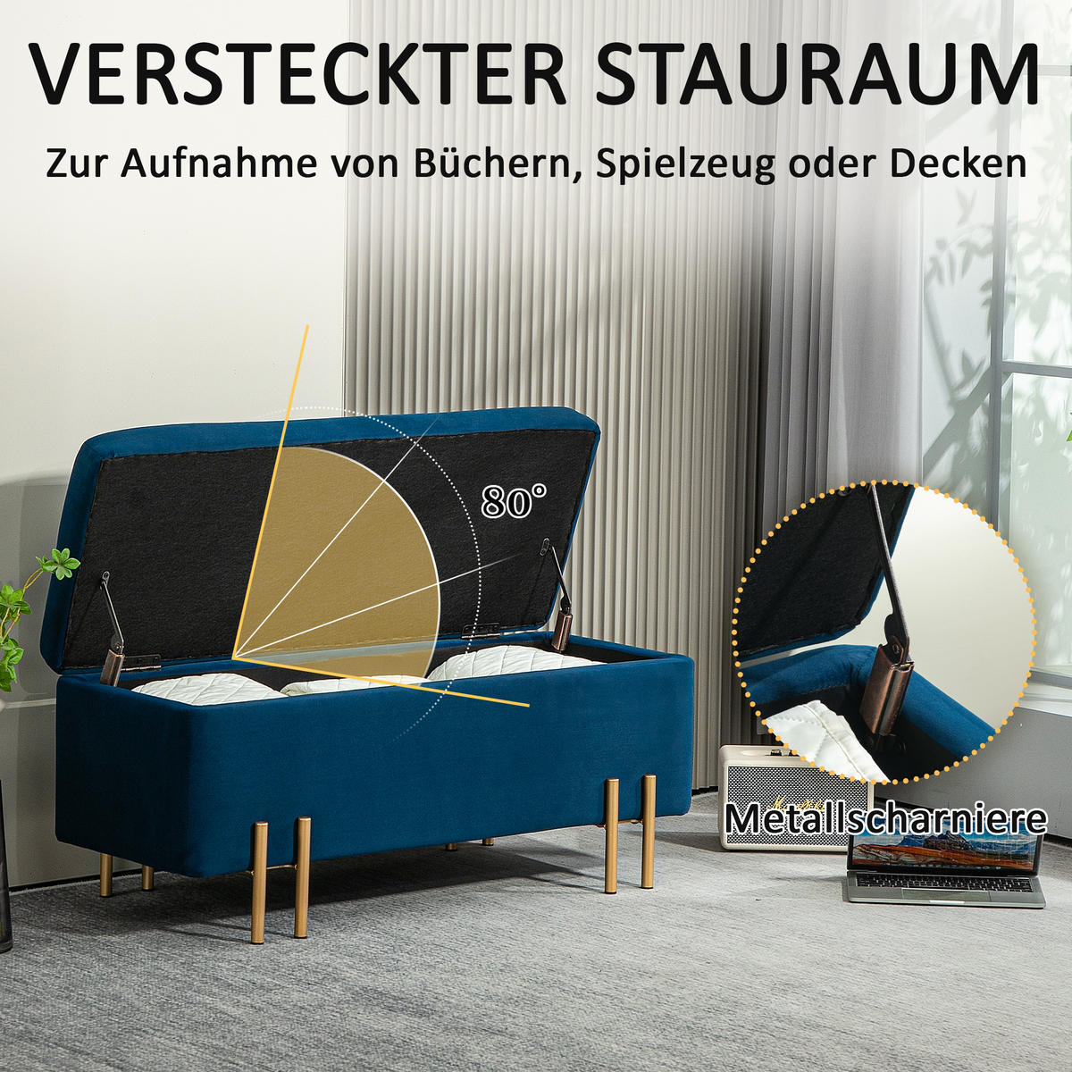 GEPOLSTERTE Sitzbank mit Stauraum, Metall, Kautschukholz, Schaumstoff Dunkelblau - Blau, Textil (40/42/100cm) - HOMCOM