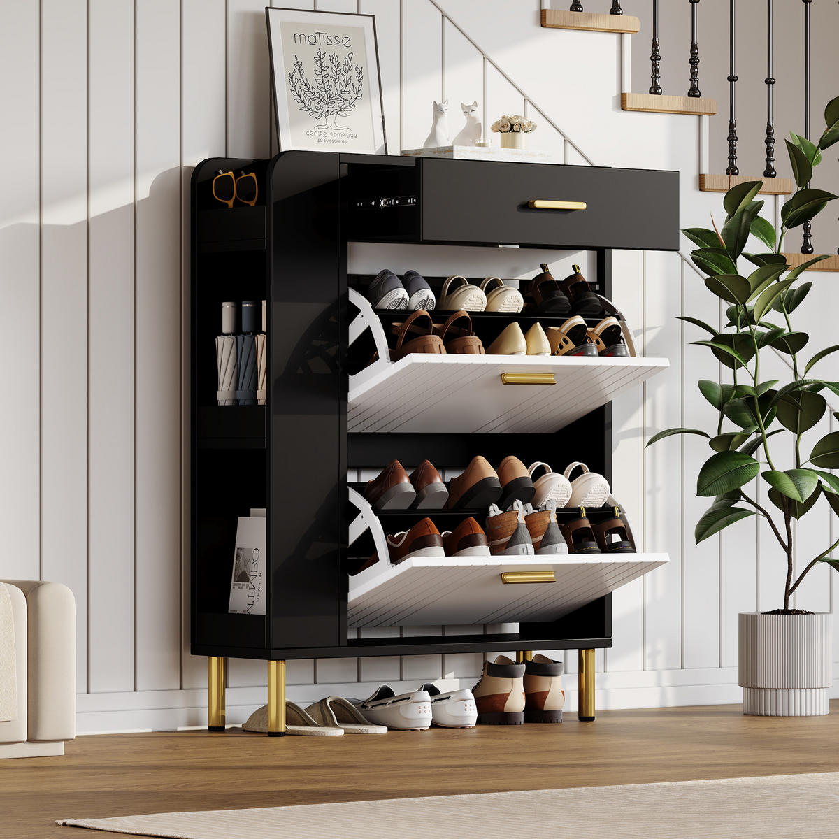 SCHUHSCHRANK 80/24/105 cm weiß/schwarz aus MDF mit Klappenfächern - Weiß, Holzwerkstoff (80/105/24cm) - OKWISH