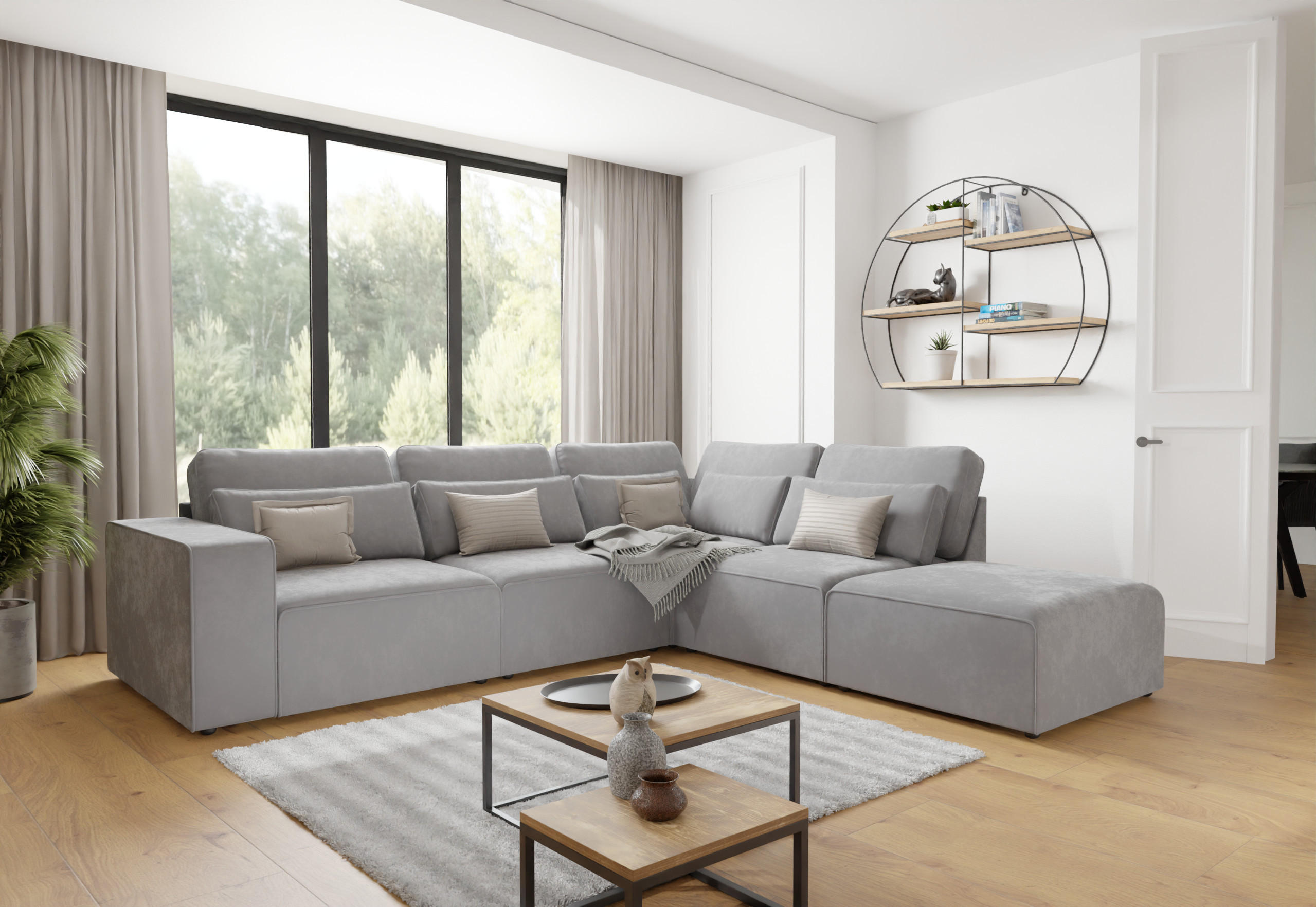 ECKSOFA modularer Leox Hellgrau Samt-Stoff - Hellgrau/Schwarz, Kunststoff/Textil (305/281cm) - S-Style Möbel