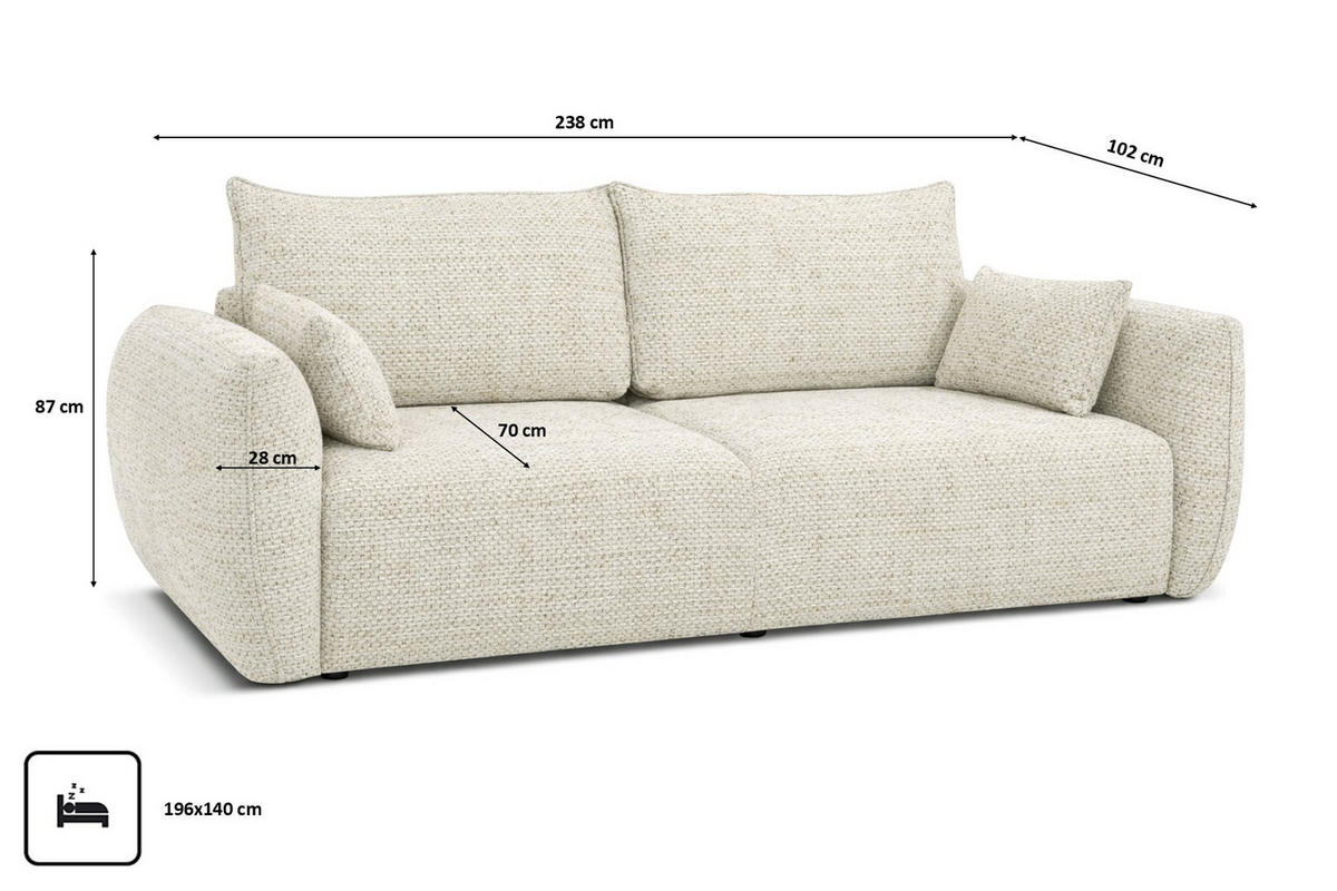 SOFA Mit Schlaffunktion Und Bettkasten, Chenille-Stoff Artico, Nata, Zephira - Beige, Holz (238/87/102cm) - Kaiser Möbel