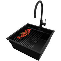 UNTERBAUSPÜLE GRANIT Praga, 2-er set Schwarz 46/47 cm 1 Becken + Küchenarmatur 40/38 cm + Ablauf-Set + Aufrollbare Abtropffläche ab 50er Unterschrank - Schwarz, Kunststoff (46/20/47cm) - Primagran