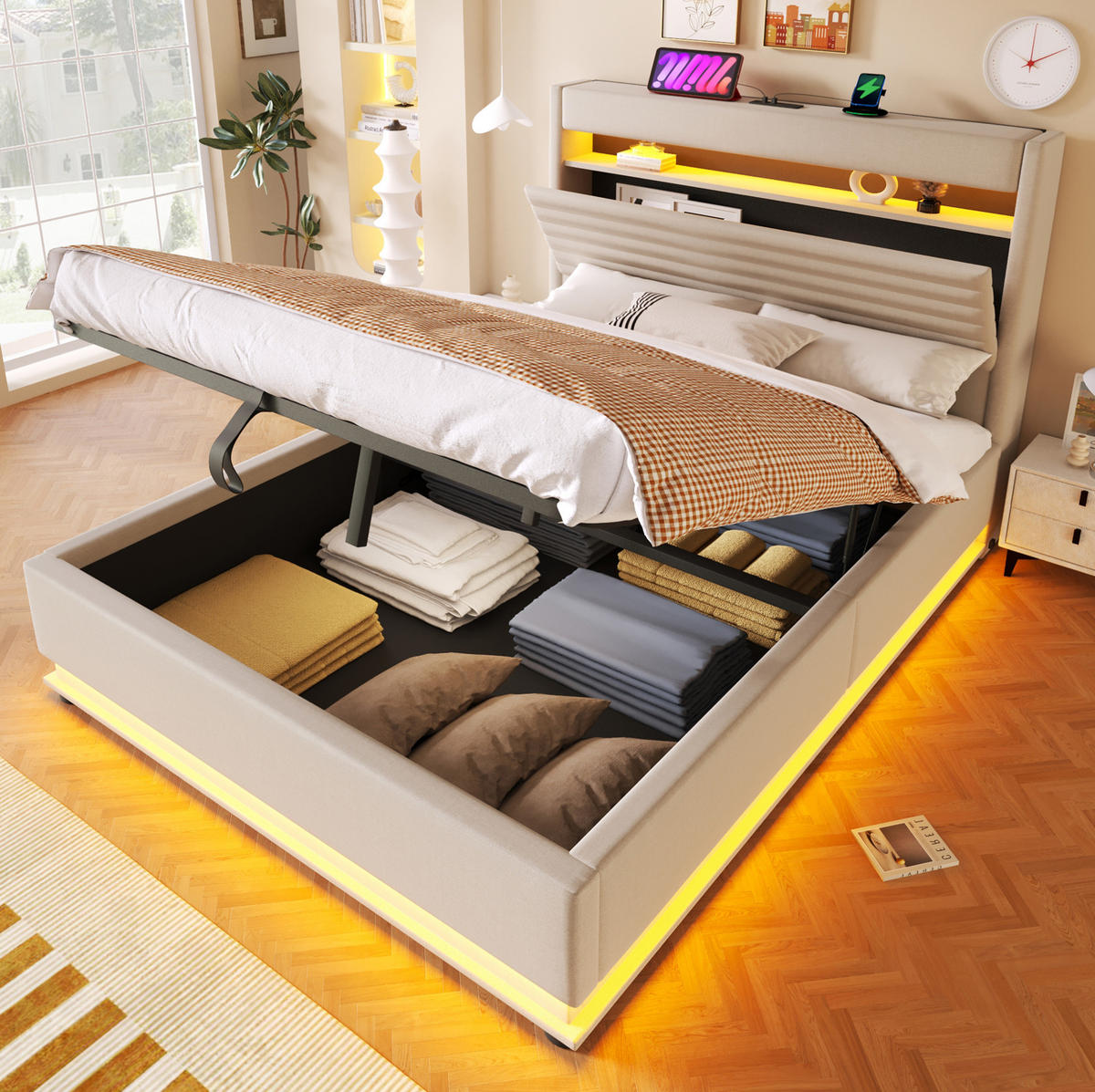 POLSTERBETT 140/200 cm Beige mit LED-Beleuchtung, USB- und Typ-C-Anschluss, hydraulischem Stauraum und Leinenbezug - Beige, Textil (140/200cm) - OKMYHOME