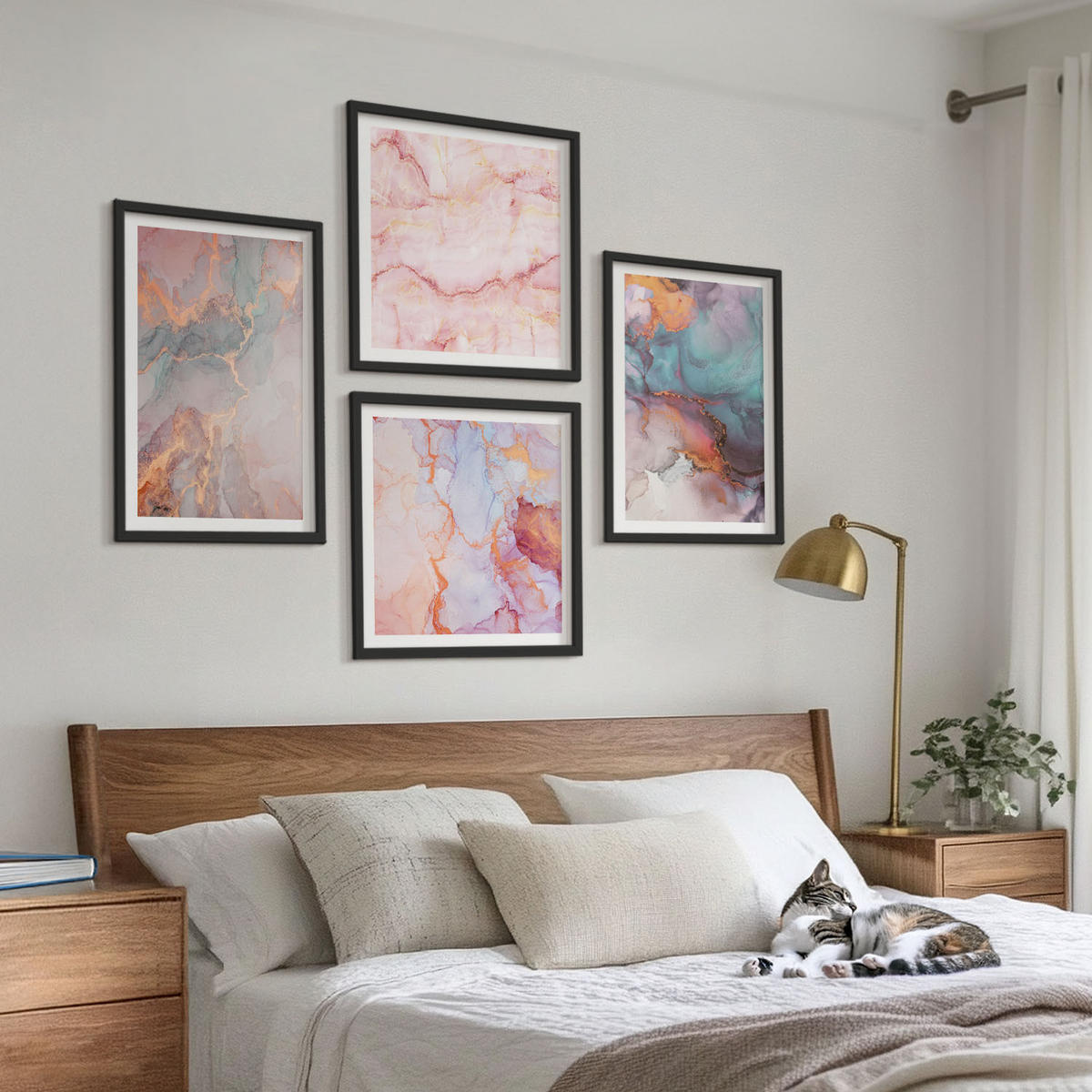 BILDER SET 4er Set - 50x50 cm & 40x60 cm Schwarzer Rahmen - Abstrakte Pastellmuster - Schwarz, Kunststoff (50/50cm) - TULUP