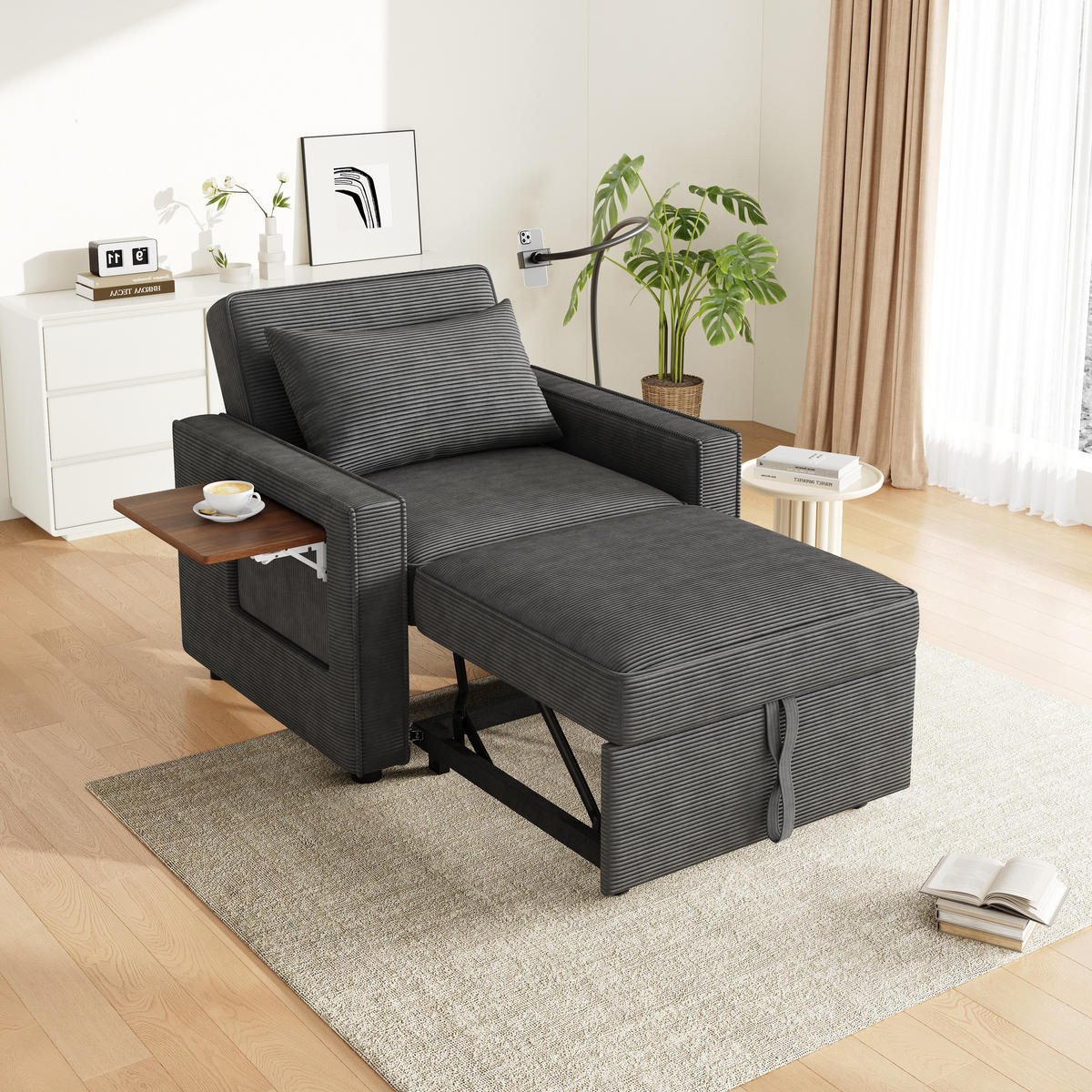 SCHLAFSOFA 1-Sitzer, Cord, mit USB-Anschluss & Handyhalter, 93/150/85 cm, Grau - Grau, Textil (93/85/150cm) - Redom