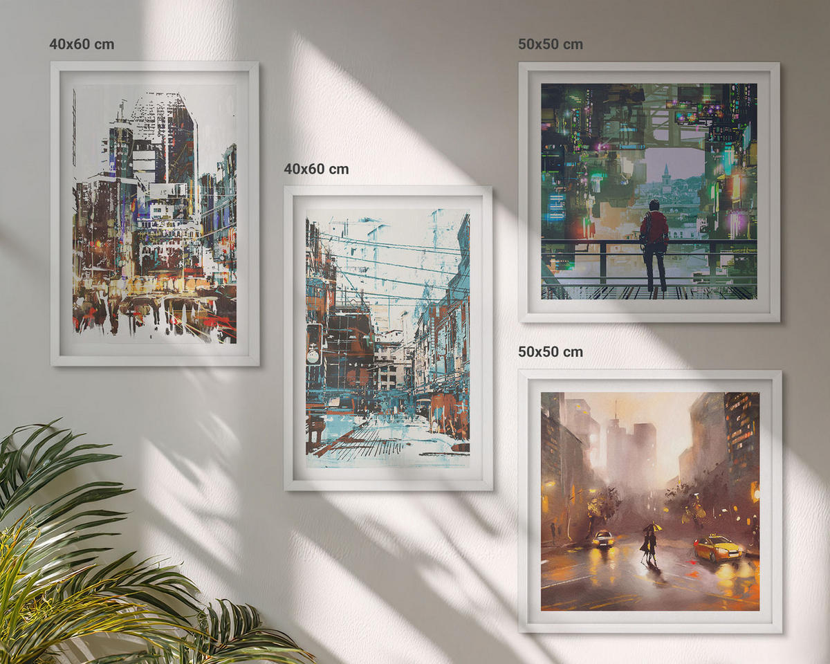 BILDER SET 4er Set - 50x50 cm & 40x60 cm Weißer Rahmen - Moderne, farbenfrohe Städte mit Charakteren - Weiß, Kunststoff (50/50cm) - TULUP