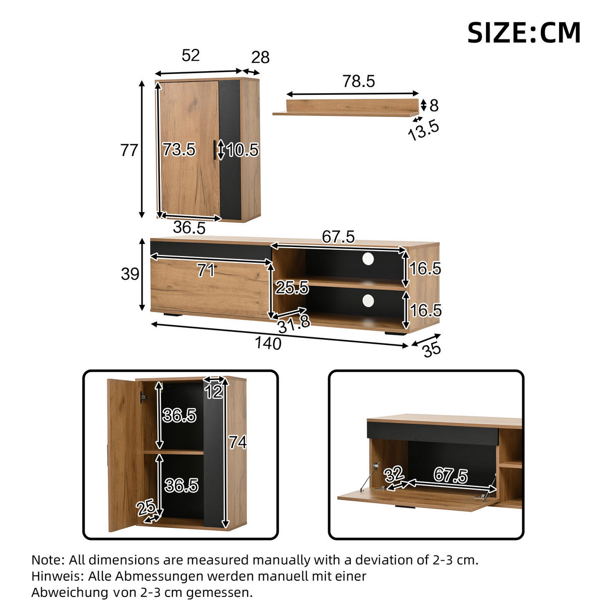 WOHNWAND / Lowboard 140/35/39 cm, 3-teilig, mit Soft-Close und Wandregal - Naturfarben, Holzwerkstoff (140/39/35cm) - BEAOK