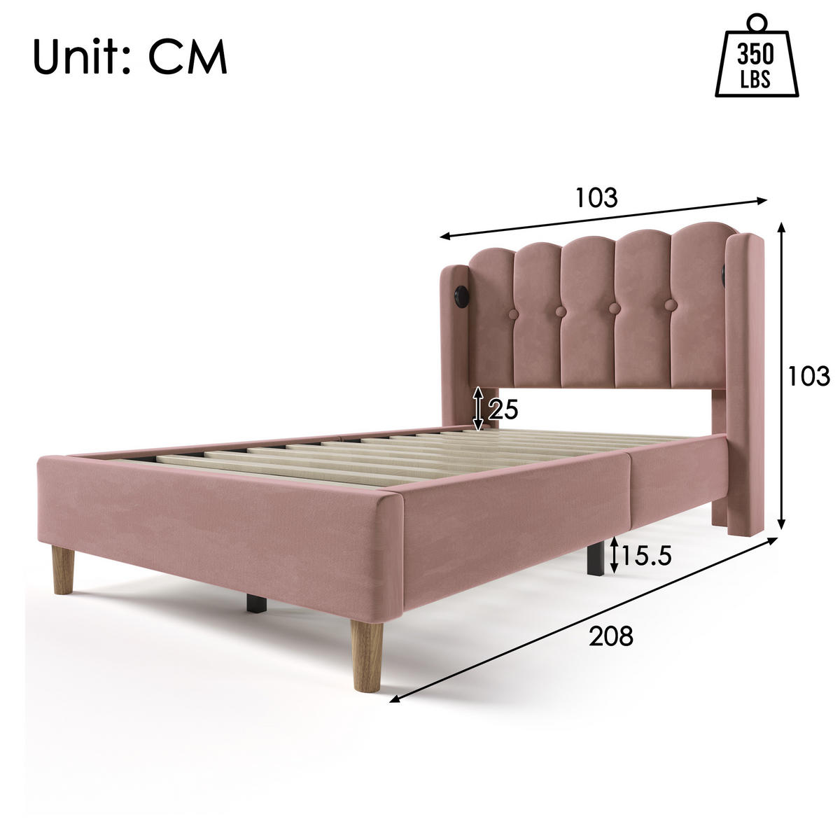 POLSTERBETT 90/200 cm in Rosa Samt mit USB Typ C Ladefunktion - Pink, Holz/Textil (90/200cm) - KOMHTOM