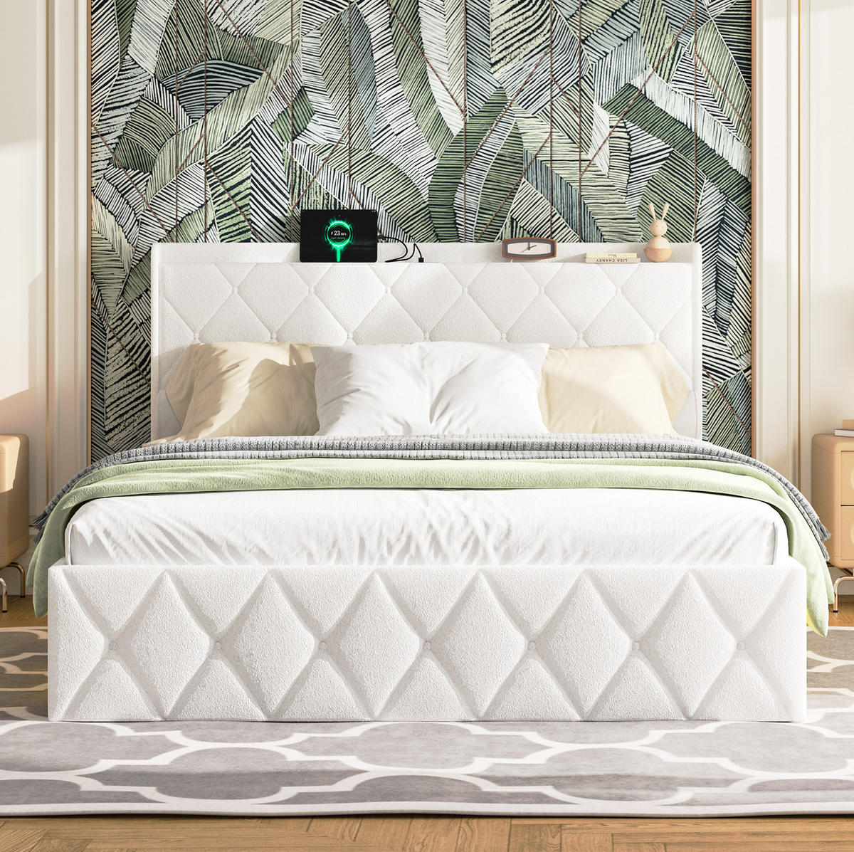 POLSTERBETT 160x200 cm in Weiß mit USB-Ladefunktion und LED-Beleuchtung - Weiß, Textil (160/200cm) - IVMEU