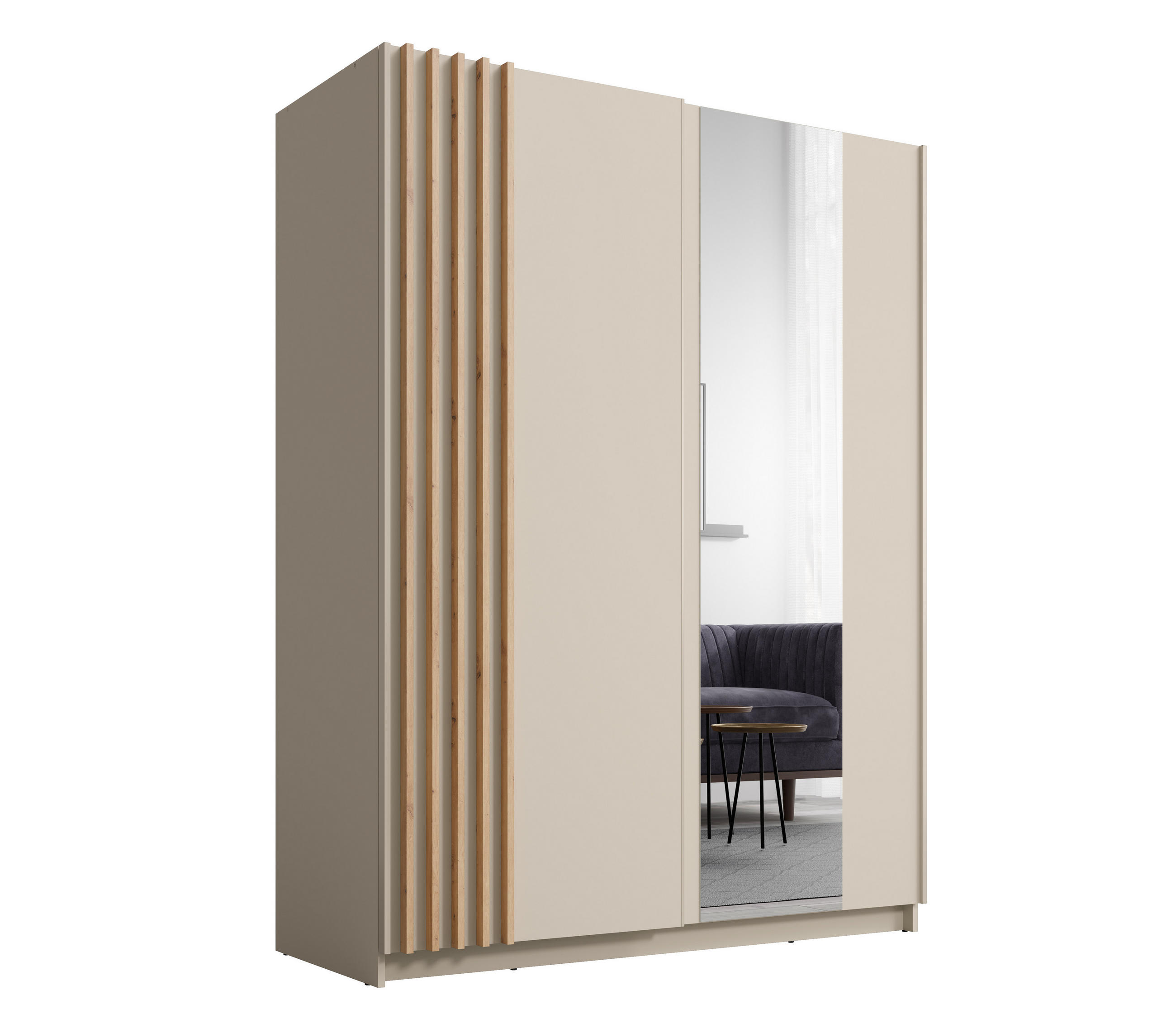 KLEIDERSCHRANK Beralto Beige 150/198,5/63,5 cm – mit Spiegel und Lamellenfront - Beige, Holzwerkstoff (150/198.5/63.5cm) - AX Living