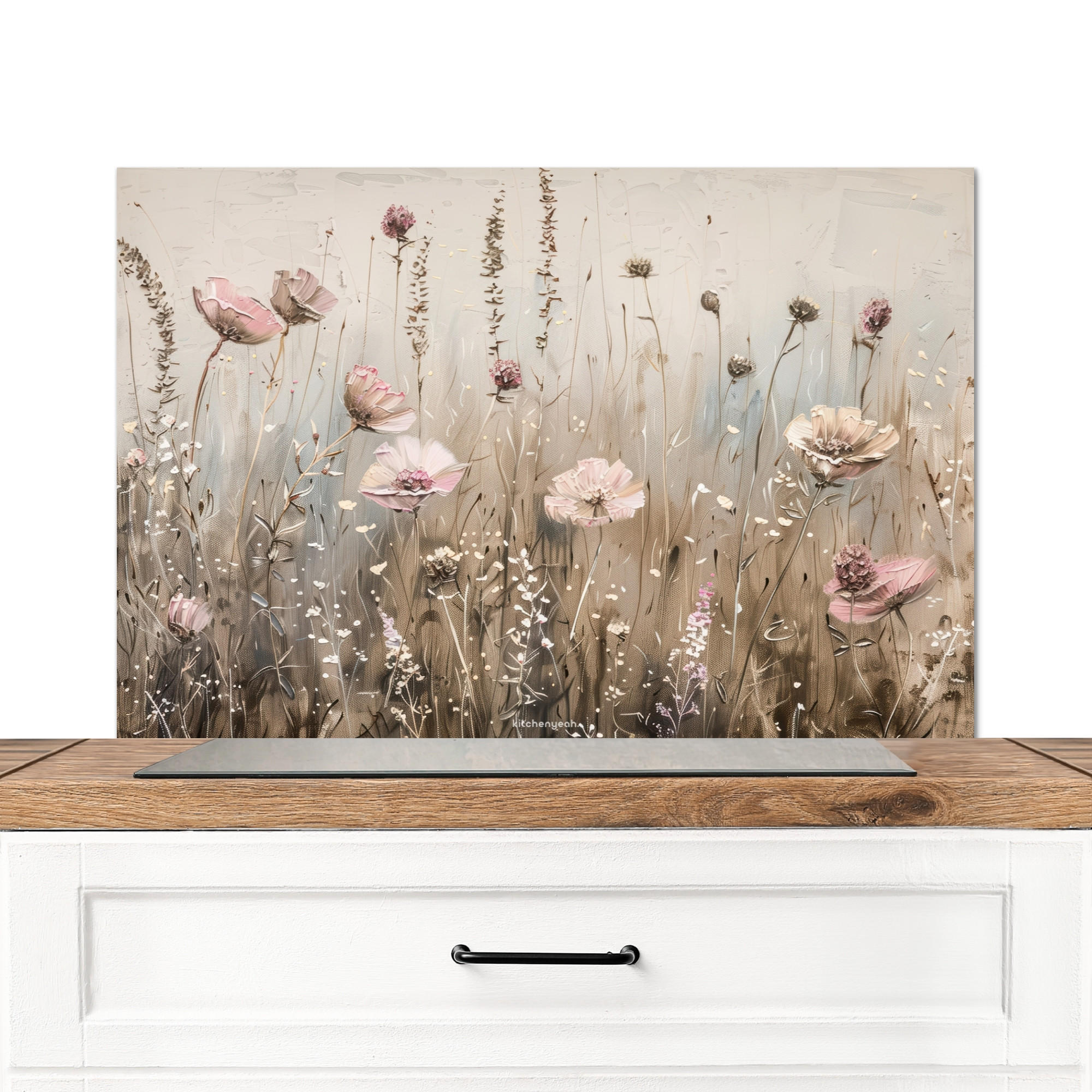 SPRITZSCHUTZ KÜCHE Blumen - Beige - Trockenblumen 80x55 cm - Beige, Metall (80/0.3/55cm) - MuchoWow