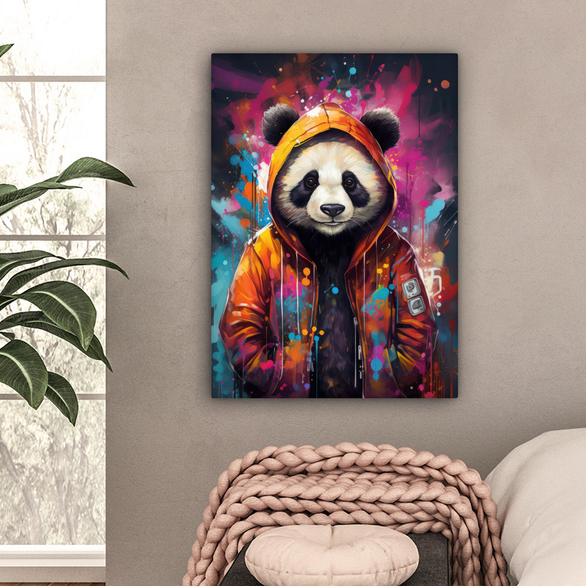 LEINWANDBILD Panda - Jacke - Graffiti - Orange 60x80 cm - Orange, Textil (60/80cm) - MuchoWow