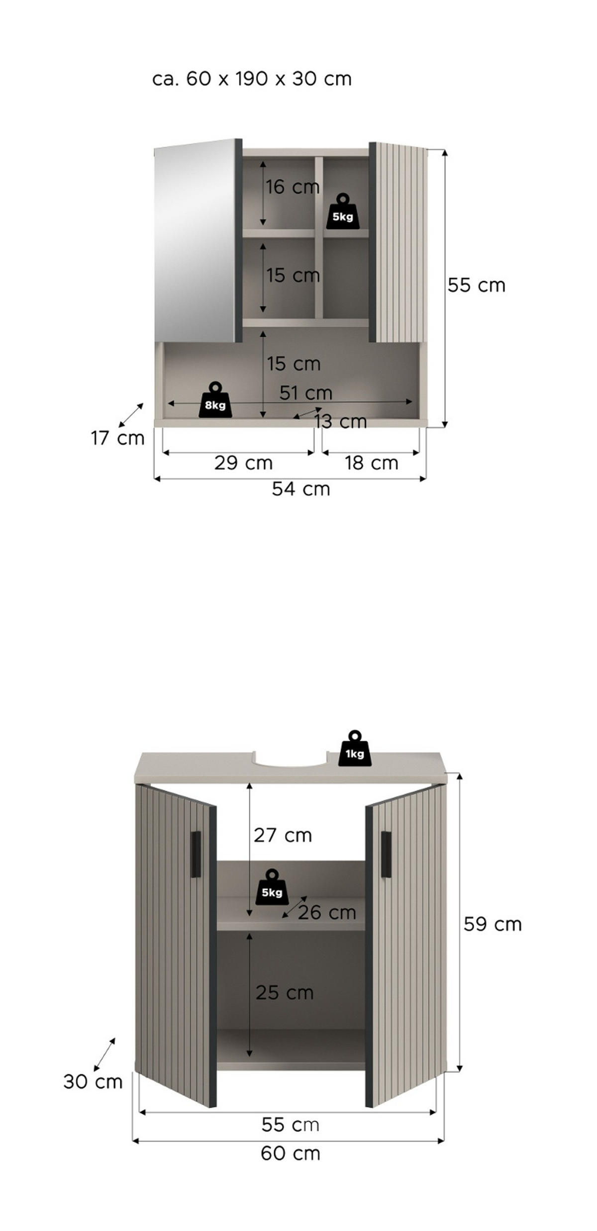 BADMÖBEL-SET Kaschmir 2-teilig 60 cm, Badkombination in modernem Design - Kaschmir/Schwarz, Glas/Holzwerkstoff (60/180/30cm) - Inn.Furn