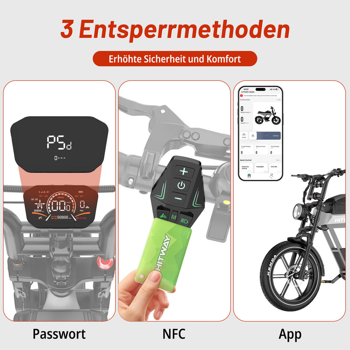 E-BIKE BK28 48V 25Ah Akku ,hydraulische Scheibenbremsen ,App und NFC 5-Gang-Verstellung - Grau, Metall (86cm) - HITWAY