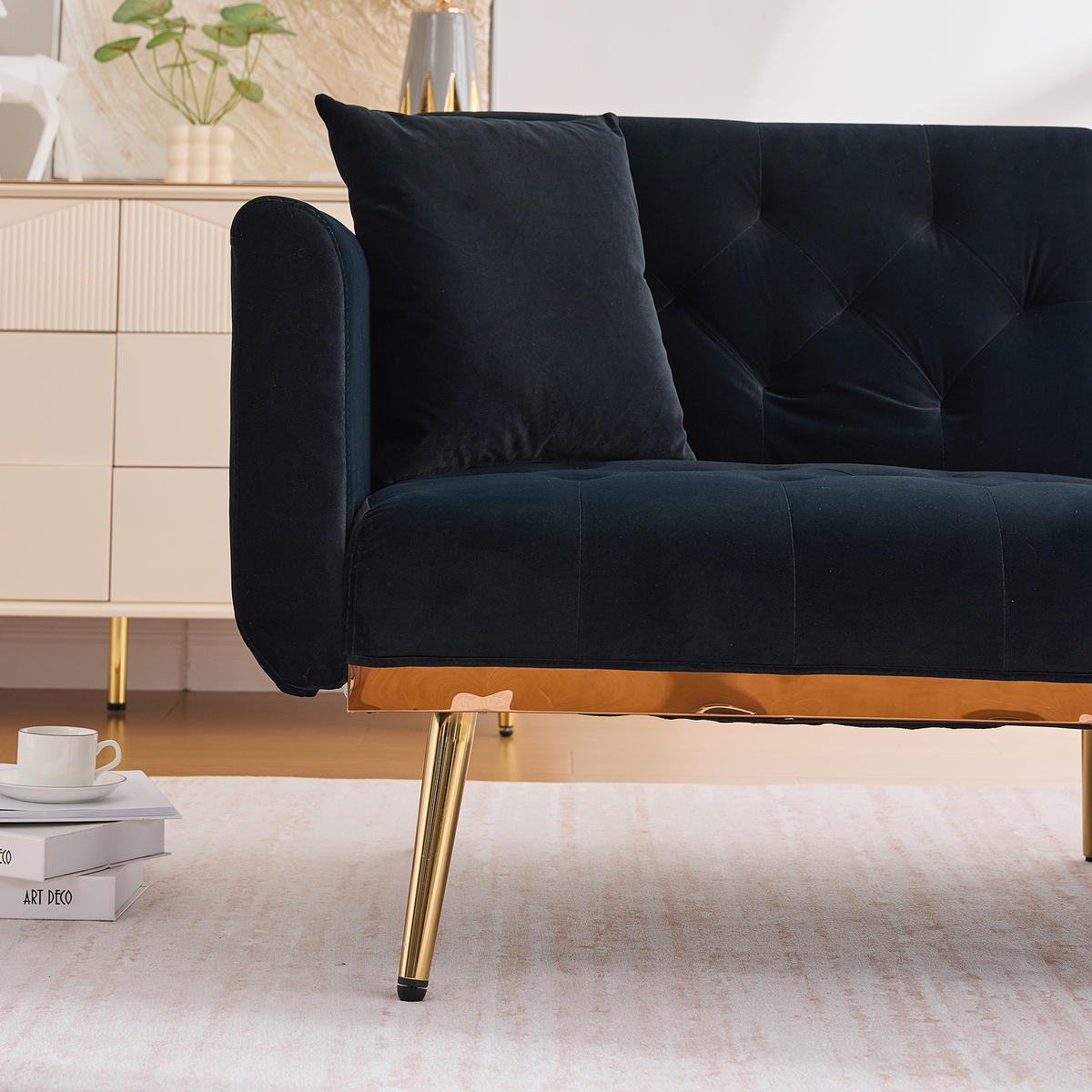 2-SITZER-SOFA mit Kissen, verstellbarer Rückenlehne, Metallfüßen, Samtbezug – Schwarz - Schwarz, Textil (72.5/75/165cm) - KOMHTOM