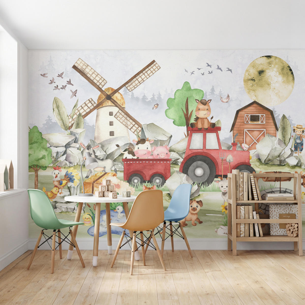 KINDERTAPETE - Bauernhof - Traktor - Kinder - Tiere - 350x220 cm - Weiß, Papier (350/220cm) - OnlyWow