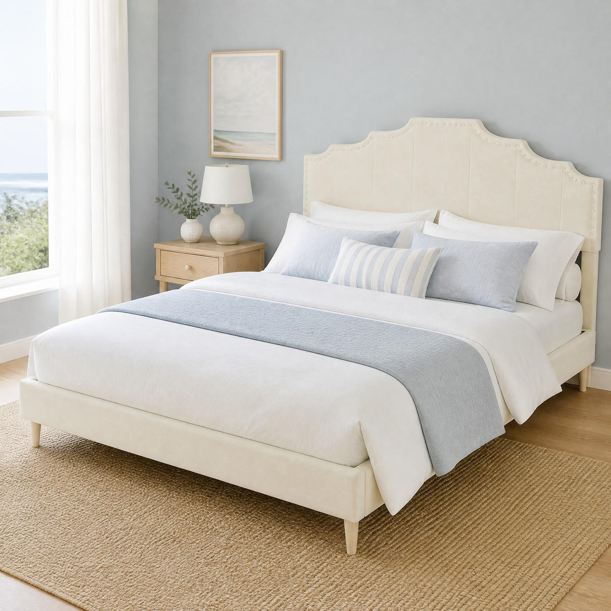 POLSTERBETT 160/200 mit geometrischem Kopfteil und Hollandwollstoff in Beige - Beige, Holzwerkstoff/Textil (160/200cm) - EVRYAE