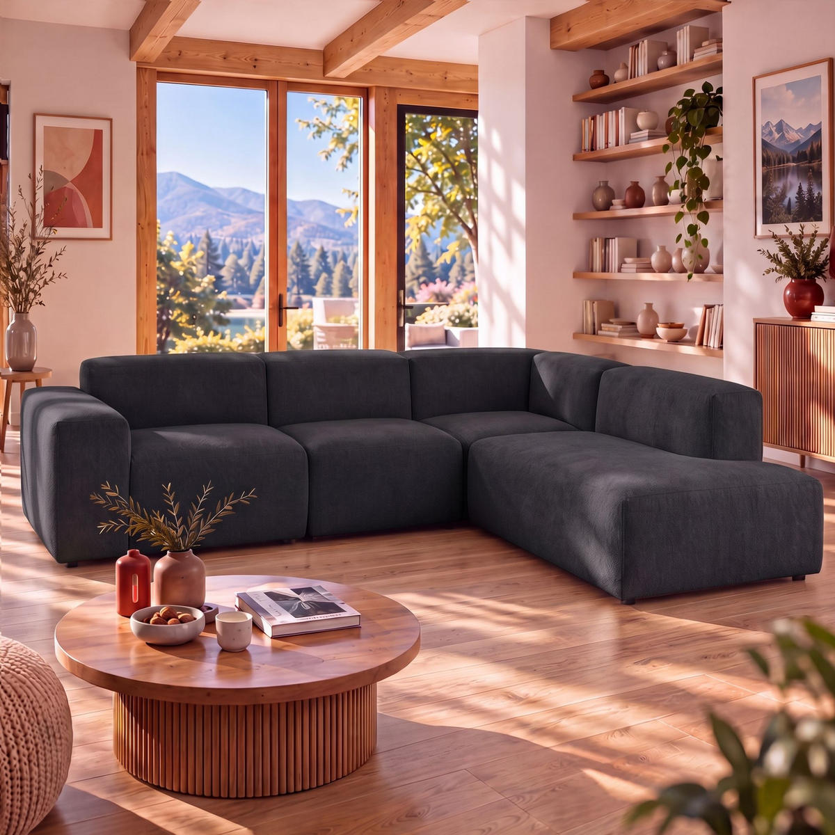 4-SITZER modulares Ecksofa HEAVEN SET 2 Rechts, Breite 300 cm Webstoff Schwarz - Schwarz, Holz/Kunststoff (245/300cm) - Muffo