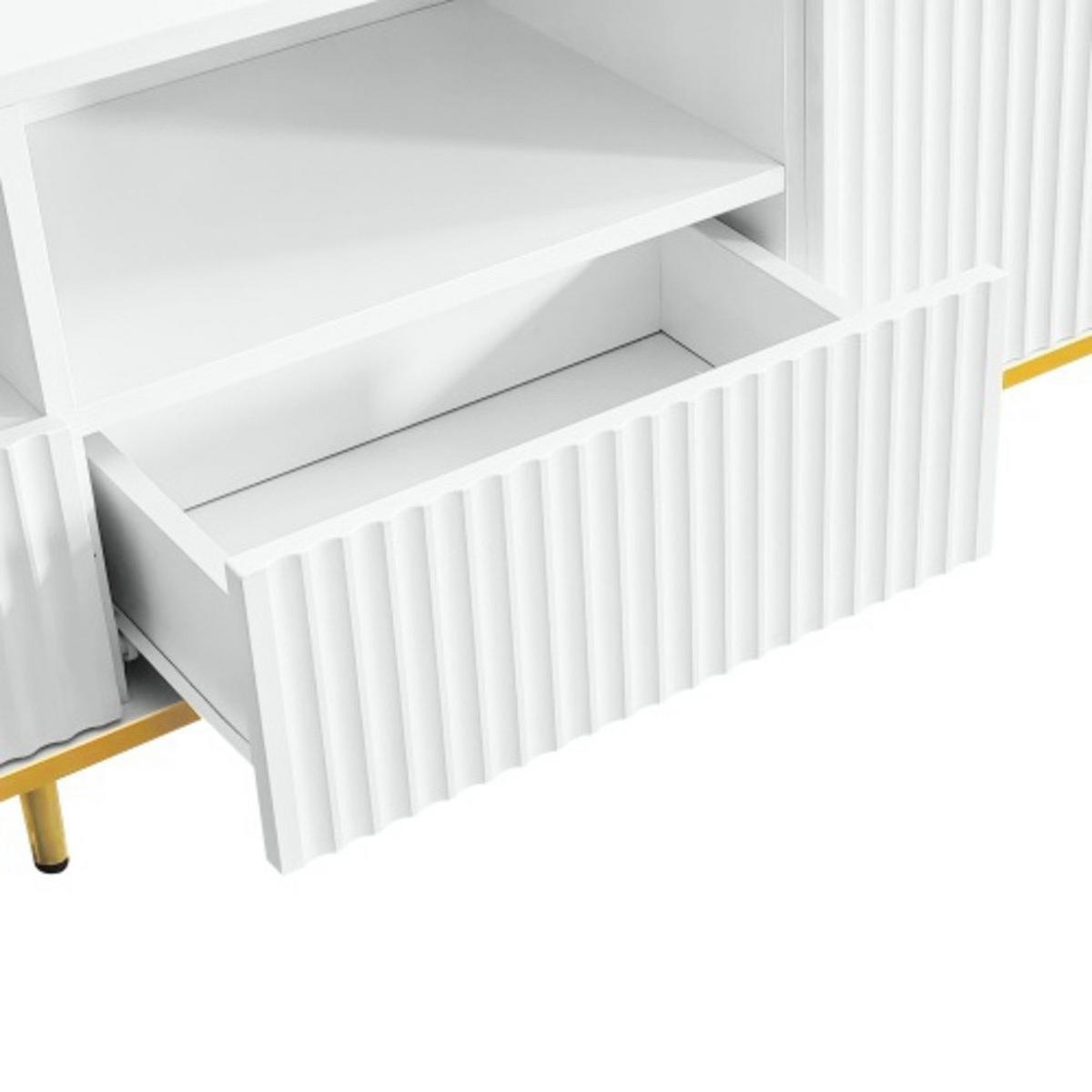 LOWBOARD Weiß-gold aus Spanplatte mit streifendekorierten Push-Open Türen 165×36×55 cm - Weiß, Holzwerkstoff (165/55/36cm) - Luhomfu