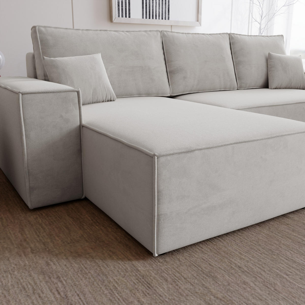 ECKSOFA mit Schlaffunktion Bergamo L 280 cm, Samt, Links - Hellgrau - Hellgrau, Holz (277/189cm) - Emporius