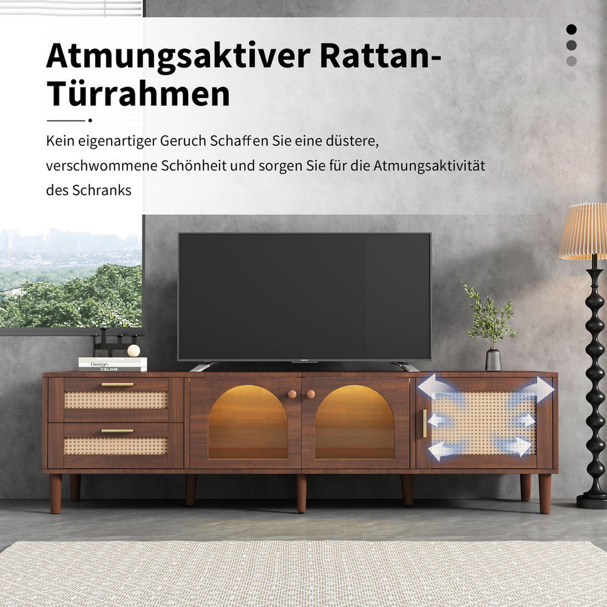 TV-SCHRANK 180cm Braun Rattan Glastüren LED-Beleuchtung bis 80 Zoll - Braun, Holz (40/50/180cm) - FLIEKS