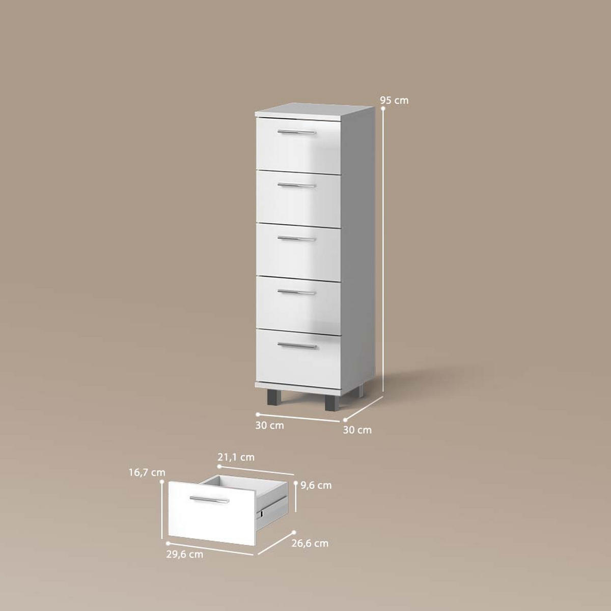 BADSCHRANK Eisak Weiß Hochglanz 30 x 95 cm - Weiß Hochglanz, Holzwerkstoff (30/95/30cm) - Livinity®