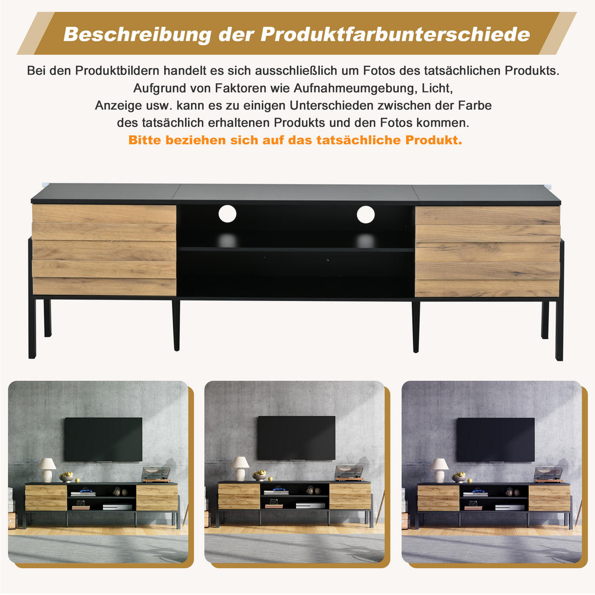 LOWBOARD in Schwarz TV-Schrank mit 2 Schränken und offenem Stauraum,geeignet für Fernseher bis 70 Zoll, B175/T39.5/H53cm - Schwarz/Naturfarben, Holzwerkstoff/Metall (175/53/39.5cm) - STILVORA