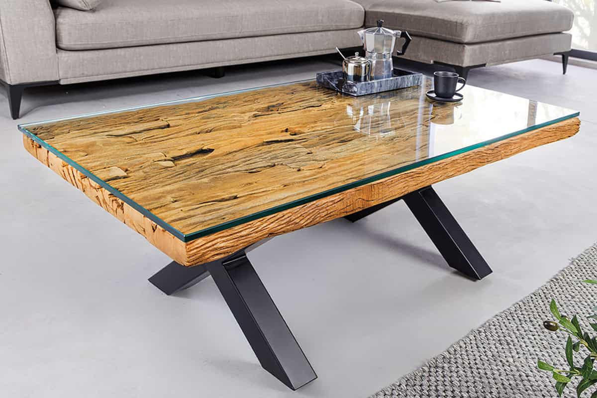 COUCHTISCH BARRACUDA Teakholz rechteckig Braun|Transparent 110cm - Transparent/Schwarz, Glas/Holz (60/110/40cm) - riess-ambiente