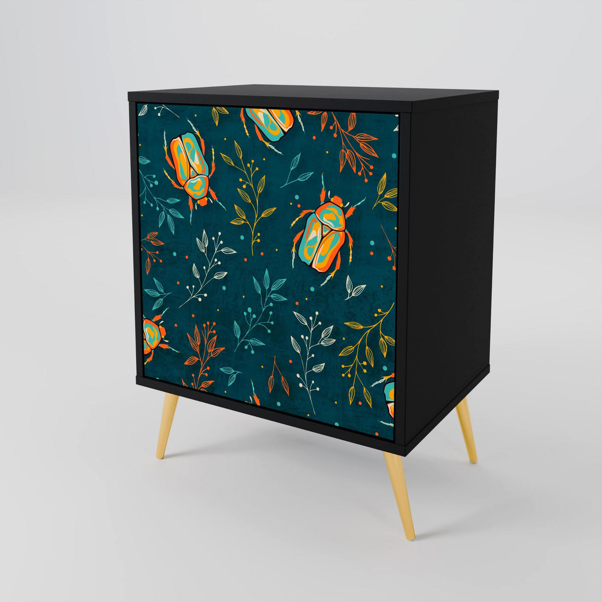 SIDEBOARD AUTUMN INSECTS, Schwarz, 57,5x42x70,5 cm, Schwarze Metall-Sternfüße - Multicolor/Schwarz, Holzwerkstoff/Metall (57.5/70.5/42cm) - SpaceRebels