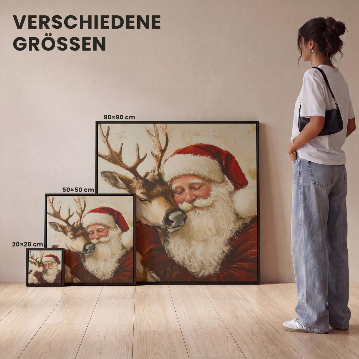 LEINWAND Bilder mit Rahmen - Weihnachtsmann - Rentier - Weihnachten - 50x50 - Rotbraun, Textil (50/50cm) - MuchoWow
