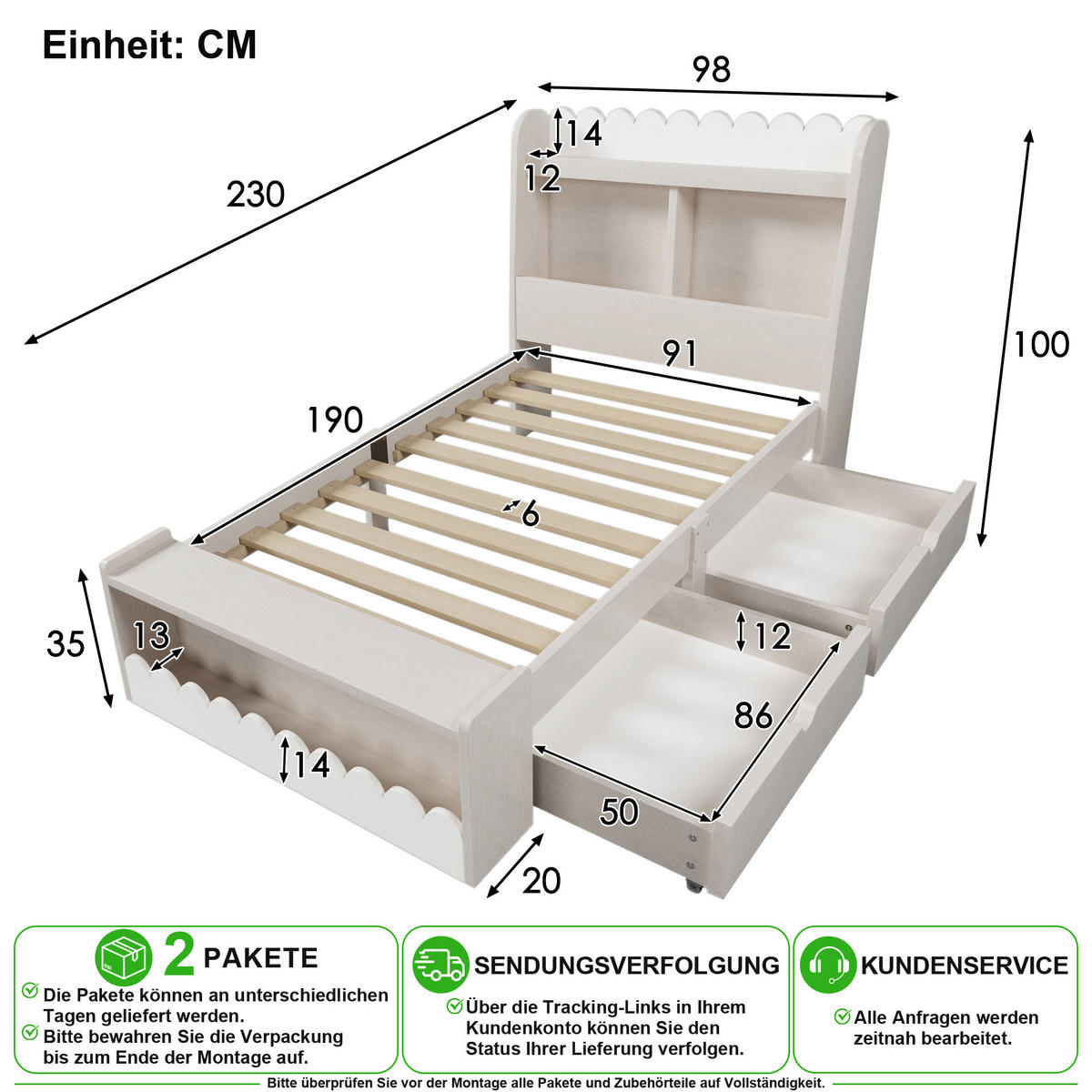 KINDERBETT 90/190 cm in Weiß & Eichefarben mit 2 Schubladen und Regal - Weiß, Holz/Holzwerkstoff (90/190cm) - CHICFURN