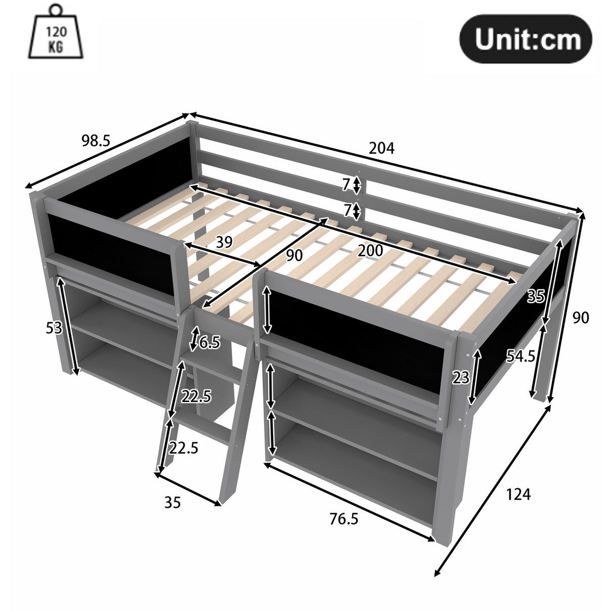 HALBHOHES Bett aus Kiefernholz und MDF 90x200 cm Grau mit Stauraum, Sicherheitsgeländer, Leiter und Zeichentafel - Grau, Holzwerkstoff (140/200cm) - Modfu
