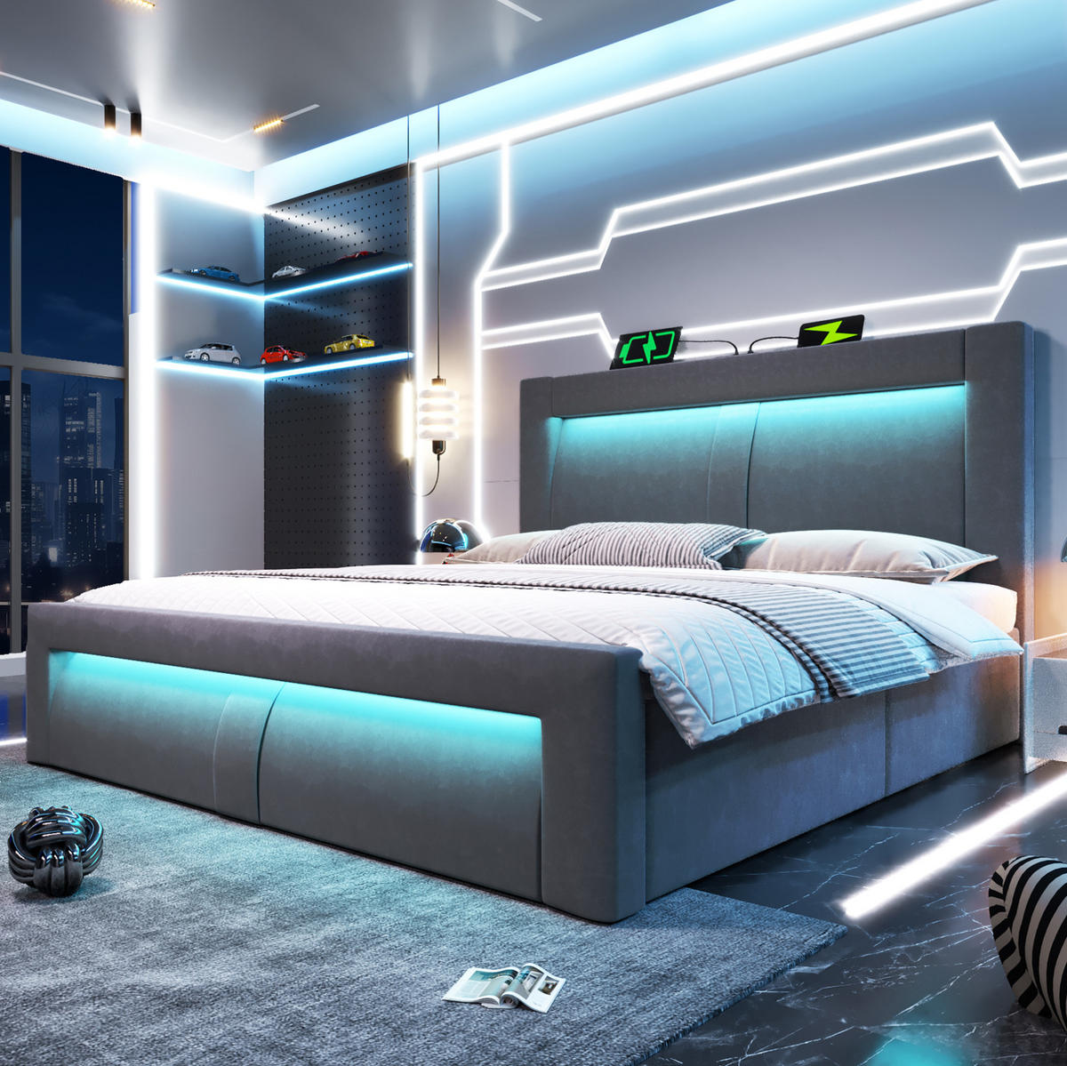 TAPECIRANI krevet 140/200 cm s LED osvjetljenjem, USB i Type-C priključcima te hidrauličnim spremištem, Siva - siva, tekstil (140/200cm) - Redom