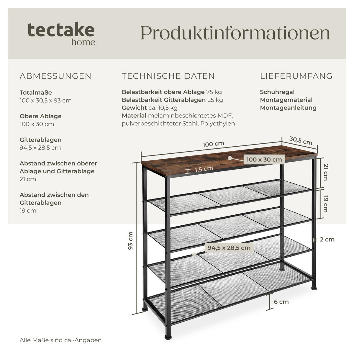 SCHUHREGAL Sheffield,100 x 30,5 x 93 cm,Industrial Holz dunkel, rustikal - Rostfarben, Metall (30.5/93/100cm) - tectake