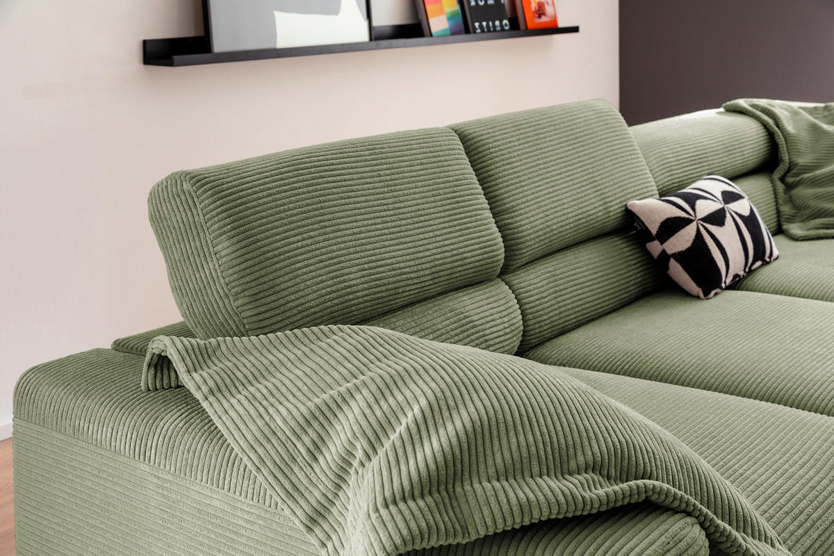 ECKSOFA MIT MOTORISCHEM SITZVORZUG DELIA Grün Cord - Schwarz/Grün, Textil/Metall (312/219cm) - KAWOLA