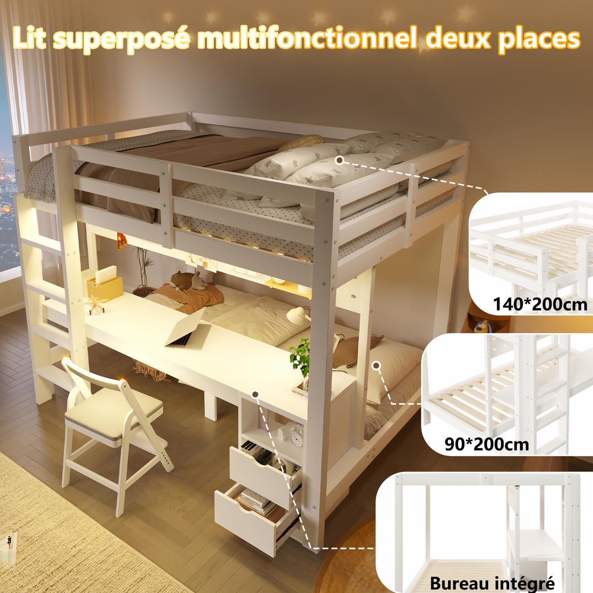 HOCHBETT 90/200 i 140/200 cm mit Schubladen, Schreibtisch und LED-Lichtleiste, Kiefernholz, Weiß/Natur - Weiß, Holz/Holzwerkstoff (90/200cm) - Redom
