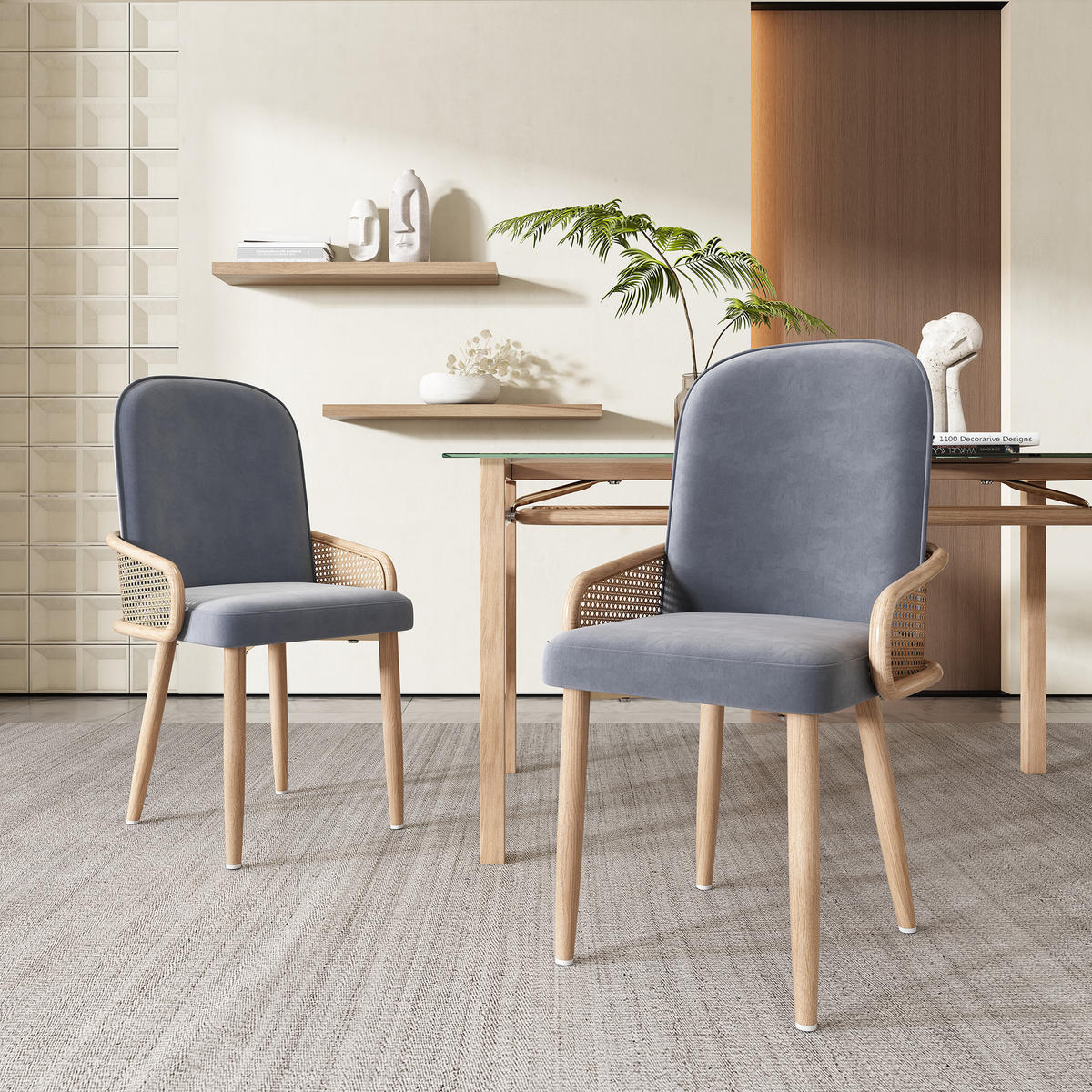 ESSZIMMERSTUHL 2 Stück Samt Rattan Grau, Metall Holzoptik - Grau, Textil (43/90/45cm) - FLIEKS