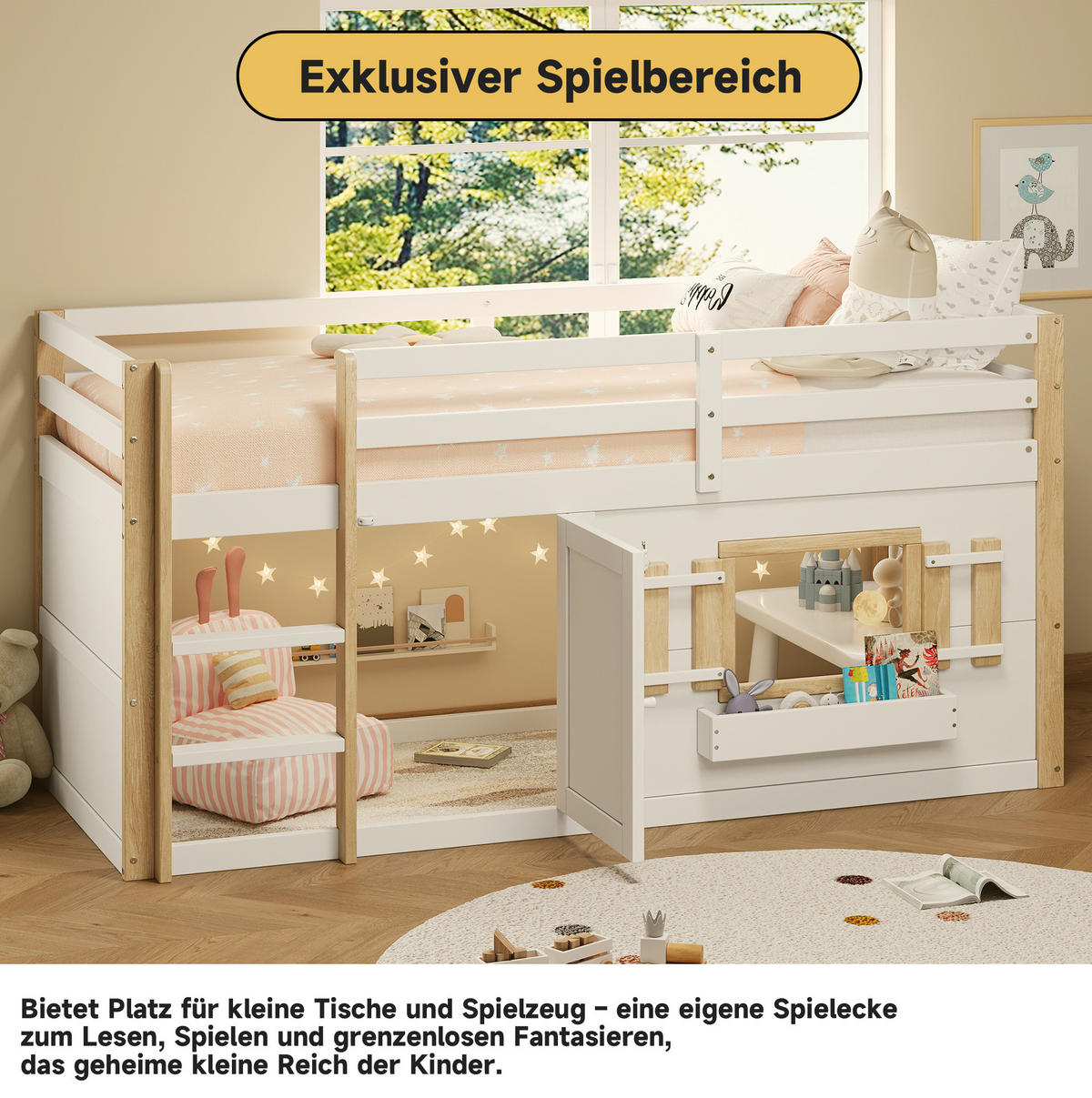 HOCHBETT 90/200 cm, weiß mit Spielbereich ohne Matratze - Weiß, Holz (90/200cm) - MIVRAY