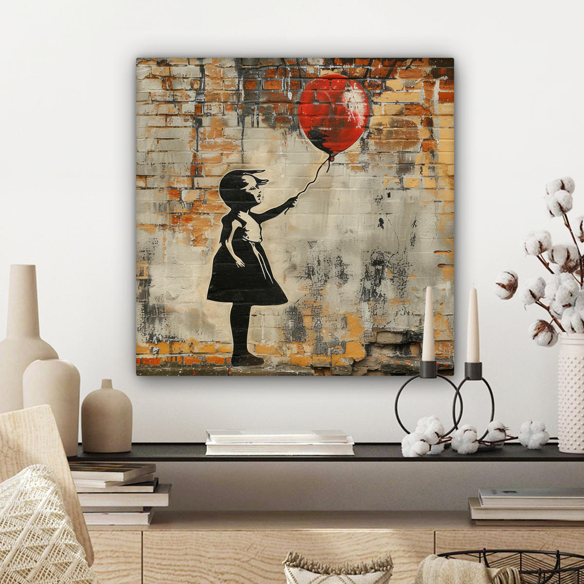 LEINWANDBILD Graffiti - Banksy - Mädchen - Straßenkunst Wandbild Wohnzimmer 50x50 cm - Sandfarben, Textil (50/50cm) - MuchoWow