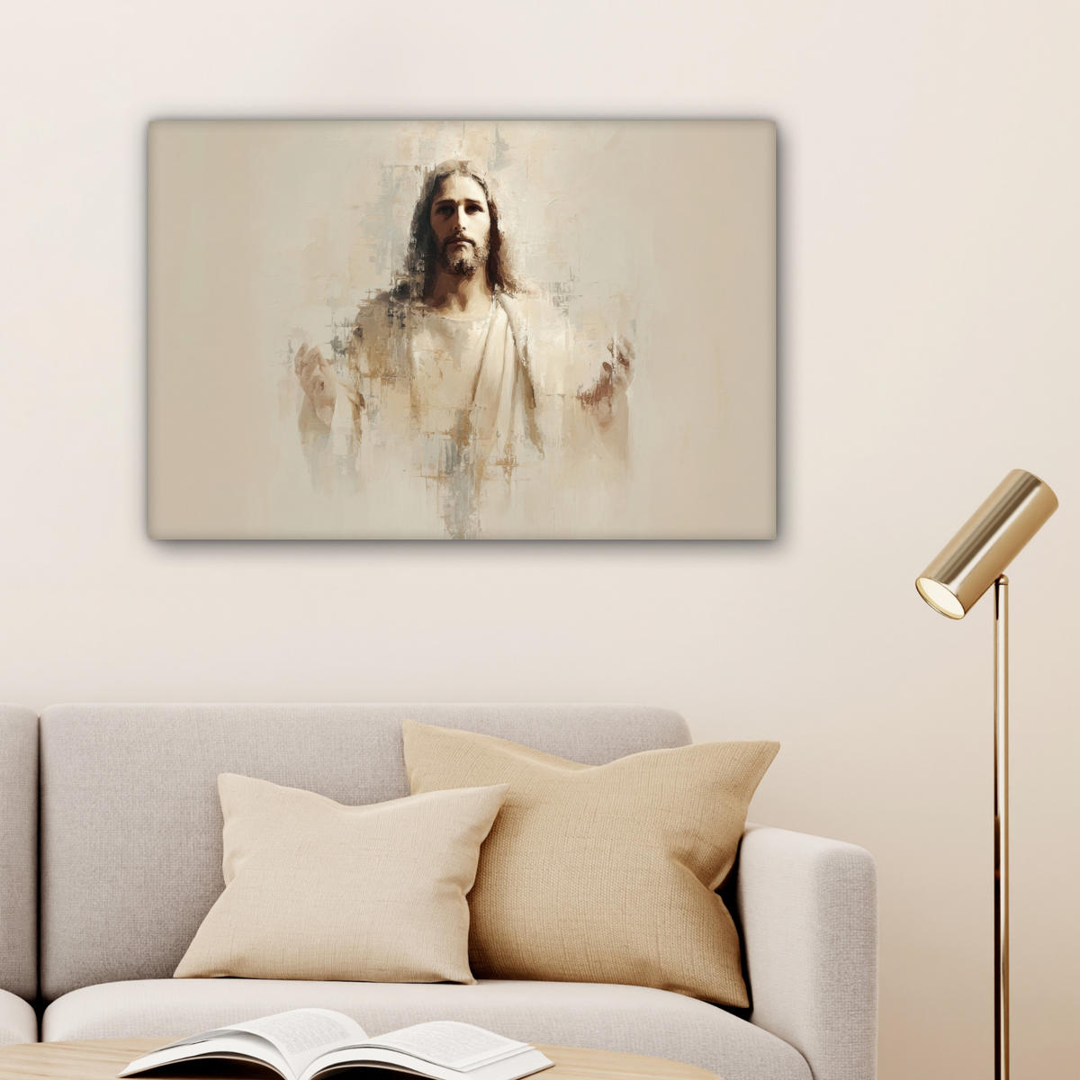 LEINWANDBILD Porträt - Abstrakt - Jesus - Beige Gemälde 60x40 cm - Beige, Textil (60/40cm) - MuchoWow
